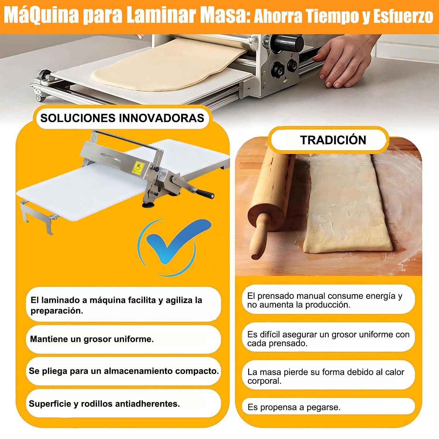 Laminadora de Masa para Hojaldre Manual Plegable | Sobadora de Masa Acero Inoxidable 304 Lavable con Agua | Dough Sheeter Compacta 3kg para Croissants, Pizza y Repostería Large