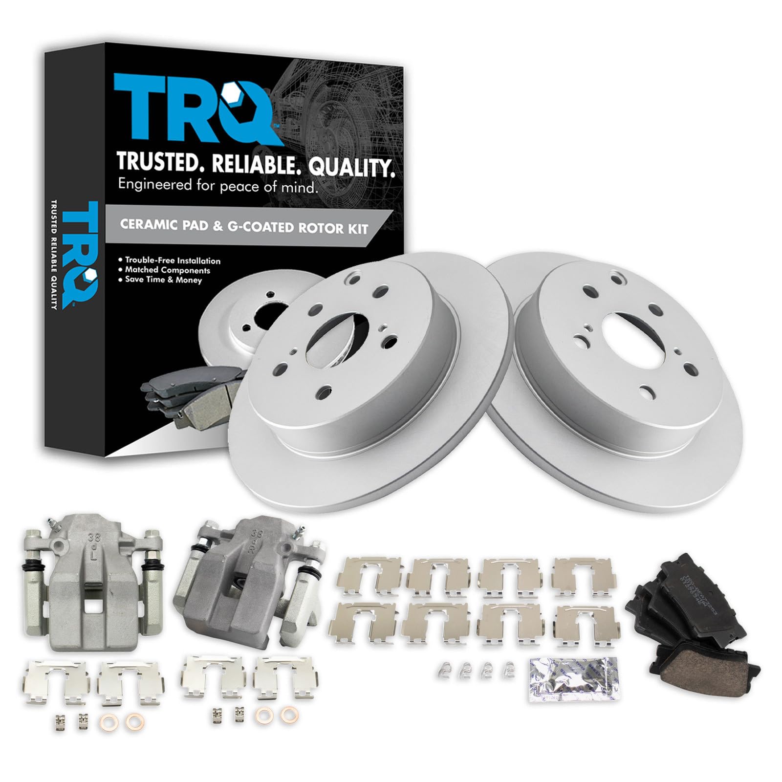 TRQ Rear Brake Pad and Rotor Set Ceramic G Coated Rotors Calipers