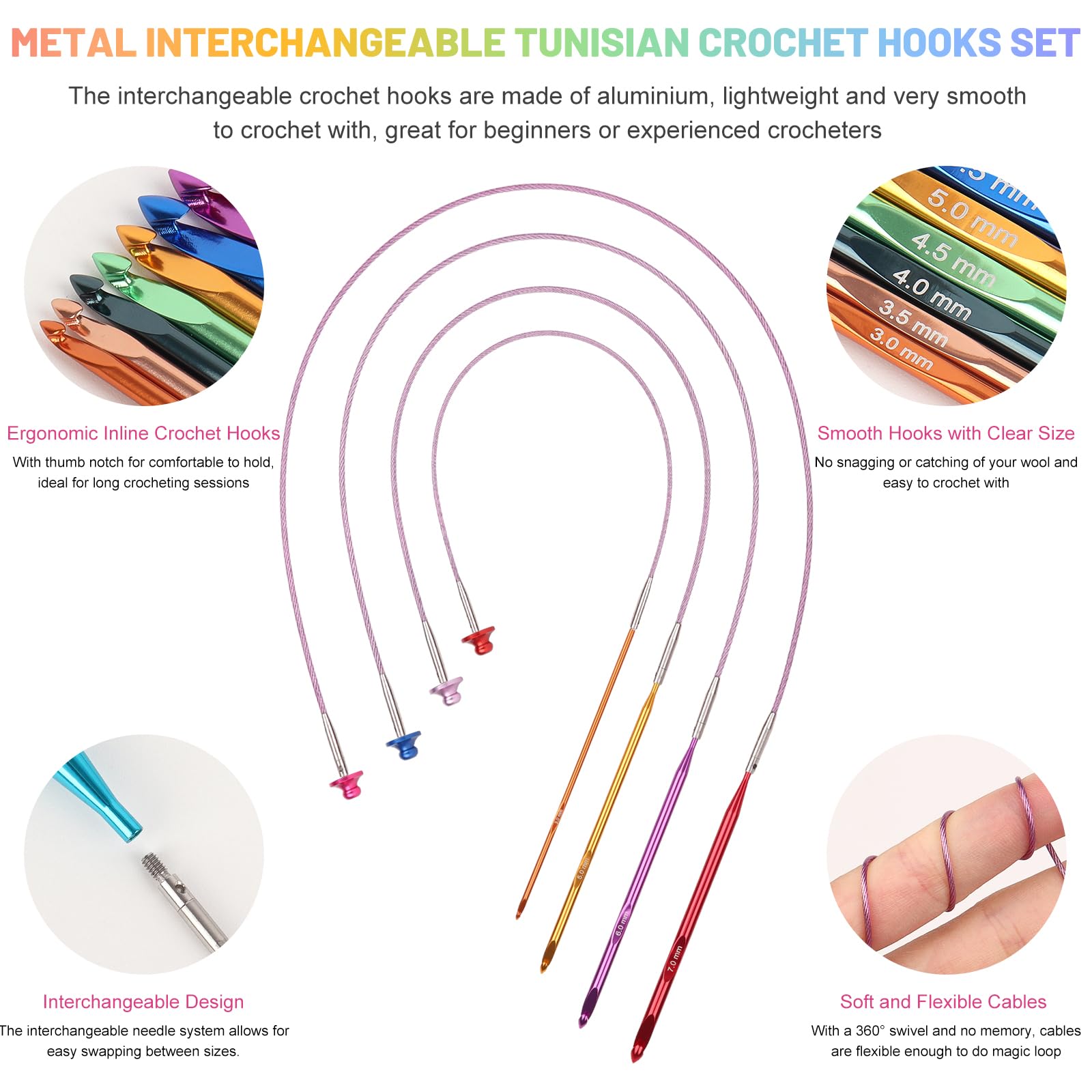 Aeelike Set di uncinetti tunisini intercambiabili, in alluminio, con cavi, 12 misure da 3 a 10 mm, extra lunghi, intercambiabili, per coperte afgane, set di uncinetti tunisini