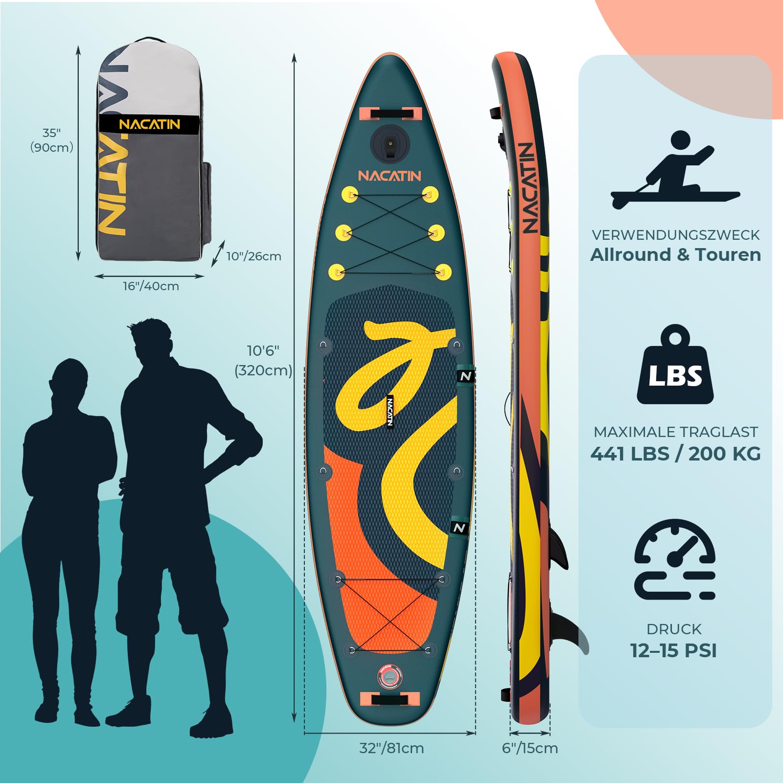 NACATIN 320cm (10ft 6in) aufblasbares SUP Board mit Sitz für Erwachsene, Stand Up Paddling Board mit Doppelpaddel, Kajaksitz, Rucksack, Tragegurt, Trockentasche, Reparaturset, für See, Fluss, Yoga