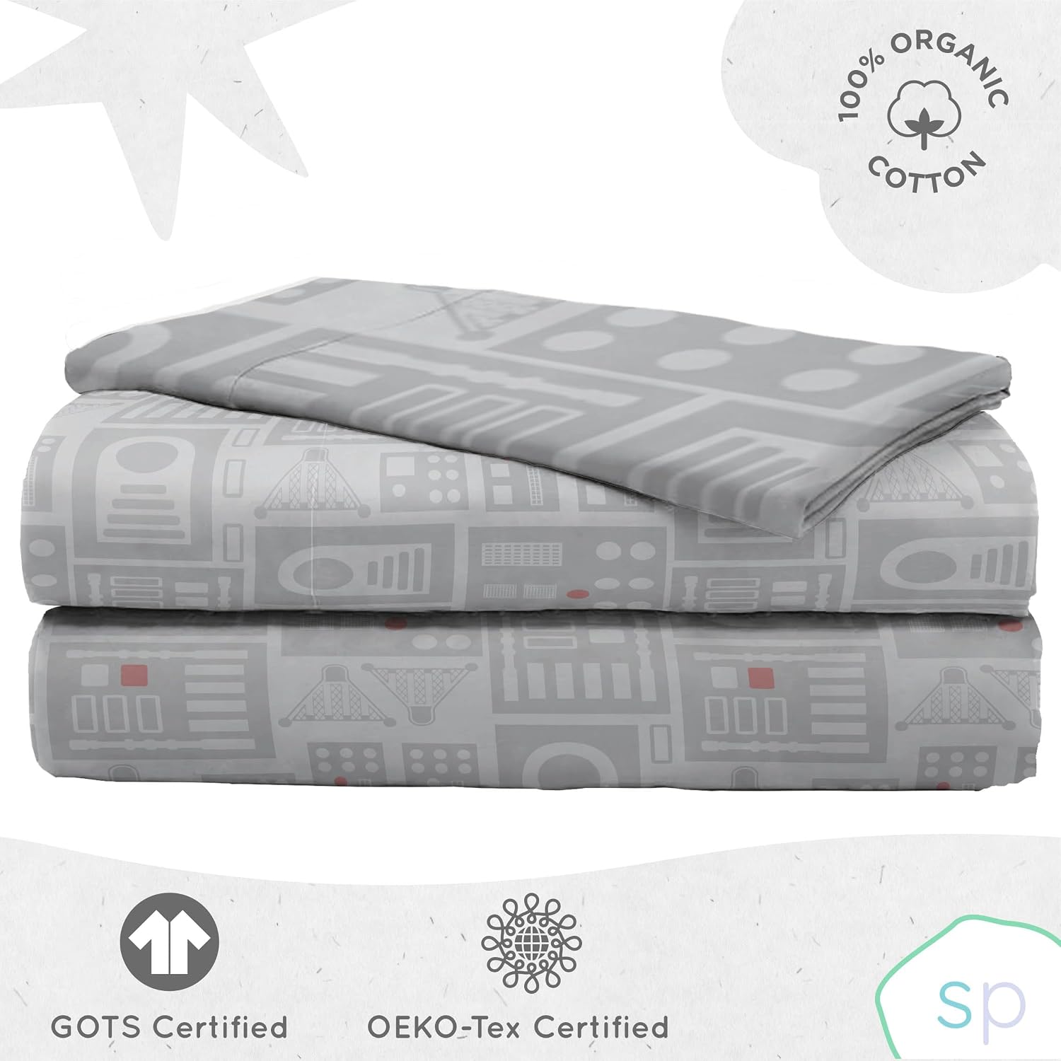 Condition photo showing As Is for saturday park star wars dark side darth vader tech twin sheet set - 3 piece 100% organic cotton sheets with pillow cover - gots & oeko-tex certified grey - star wars twin