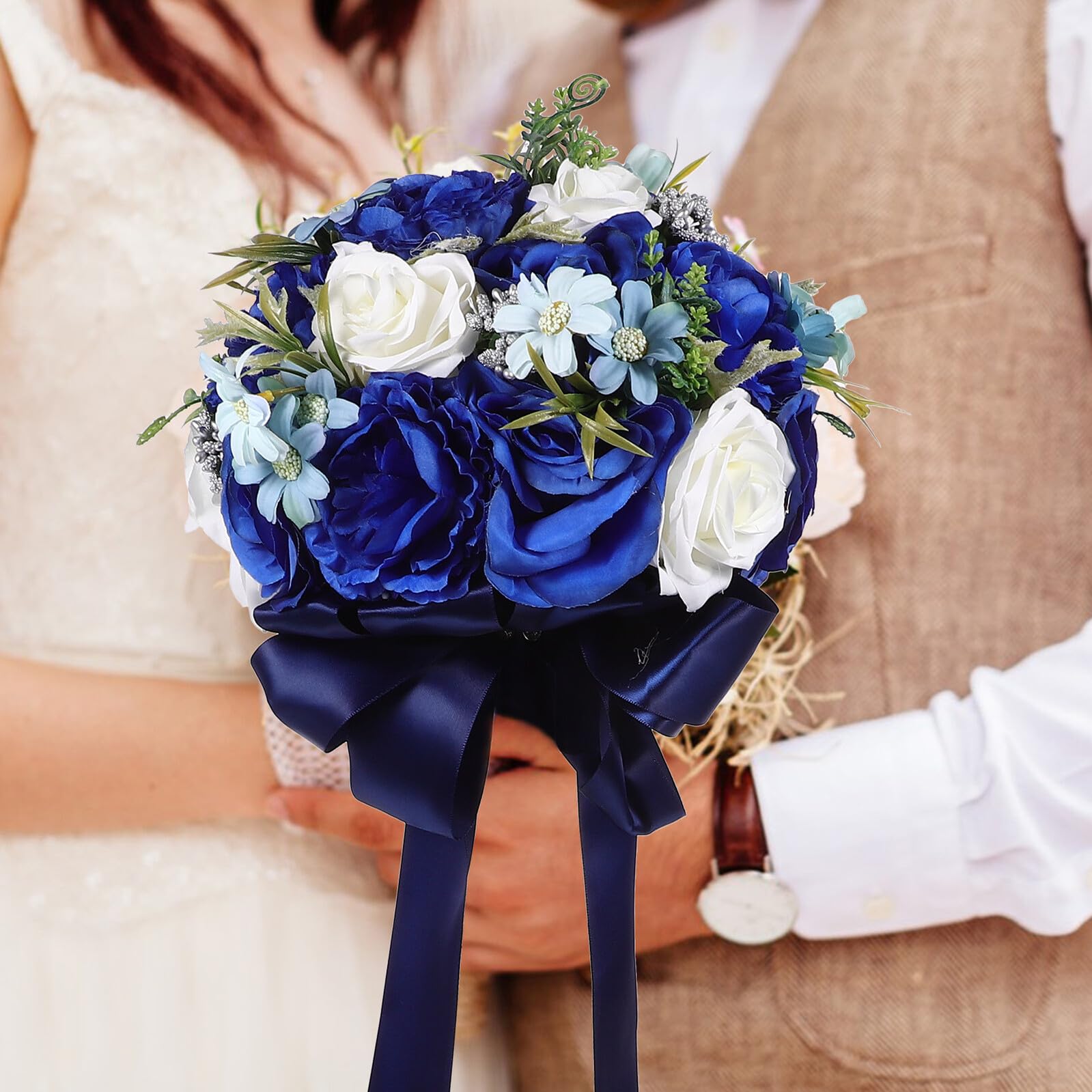 Sosoport Künstlicher Seidenblumen Blau Brautstrauß aus Hochzeitsfeier | Lebensechte Optik, Romantischer Stil, Sichere Befestigung, Passend für Braut und Brautjungfern