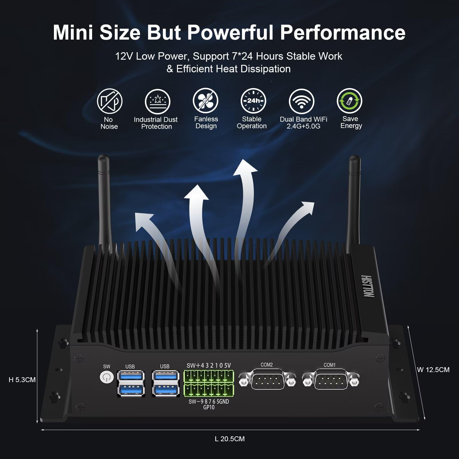 HISTTON Lüfterloser PC Industrie Mini PC Core i7-10810U, 16GB RAM 512GB M.2 SSD, Fanless Mini Computer 2 RS232/485 COM, Dual HD+DP 4K Triple Display, 2LAN, 6USB, GPIO, WiFi, BT4.2, Win11/Linux/Ubuntu