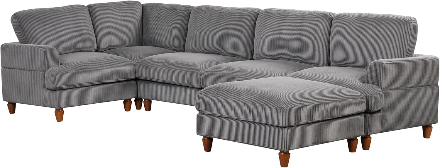 kevinplus Modular Sectional Sofa Couch L-Shaped for Living Room, Modern 5-Seat Corner Sofa Couch with Reversible Ottoman for Apartment Office Studio, Wood Leg & Corduroy Fabric, Grey