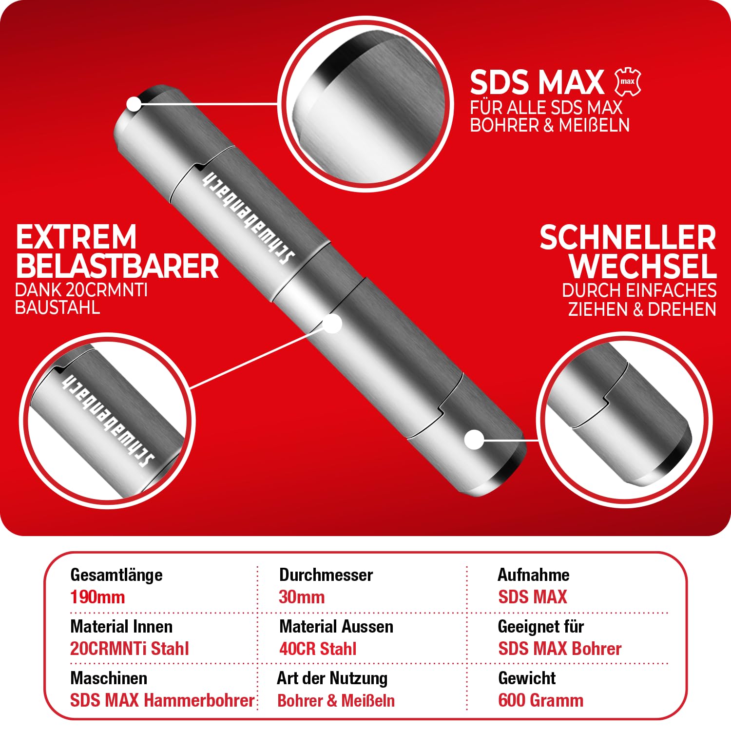 SCHWABENBACH® Adaptador SDS Max a SDS MAX – Adaptador Robusto para Martillo Perforador, Hormigón, Piedra, Mampostería y Trabajos de Demolición