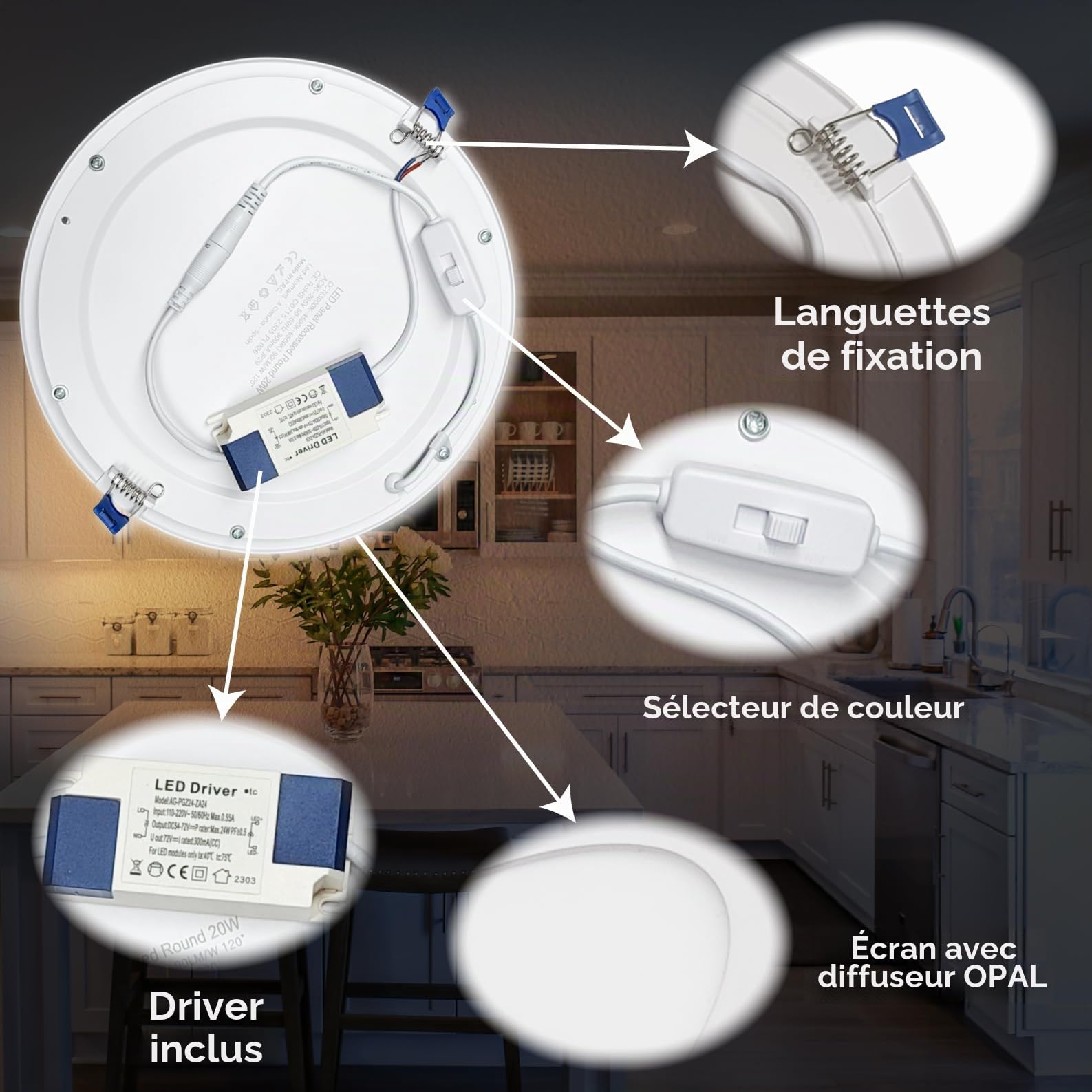 ATOMANT Lot de 5 Panneau LED Encastrable Downlight Rond Plat 220mm 20W CCT 1800 Lumens Driver inclus