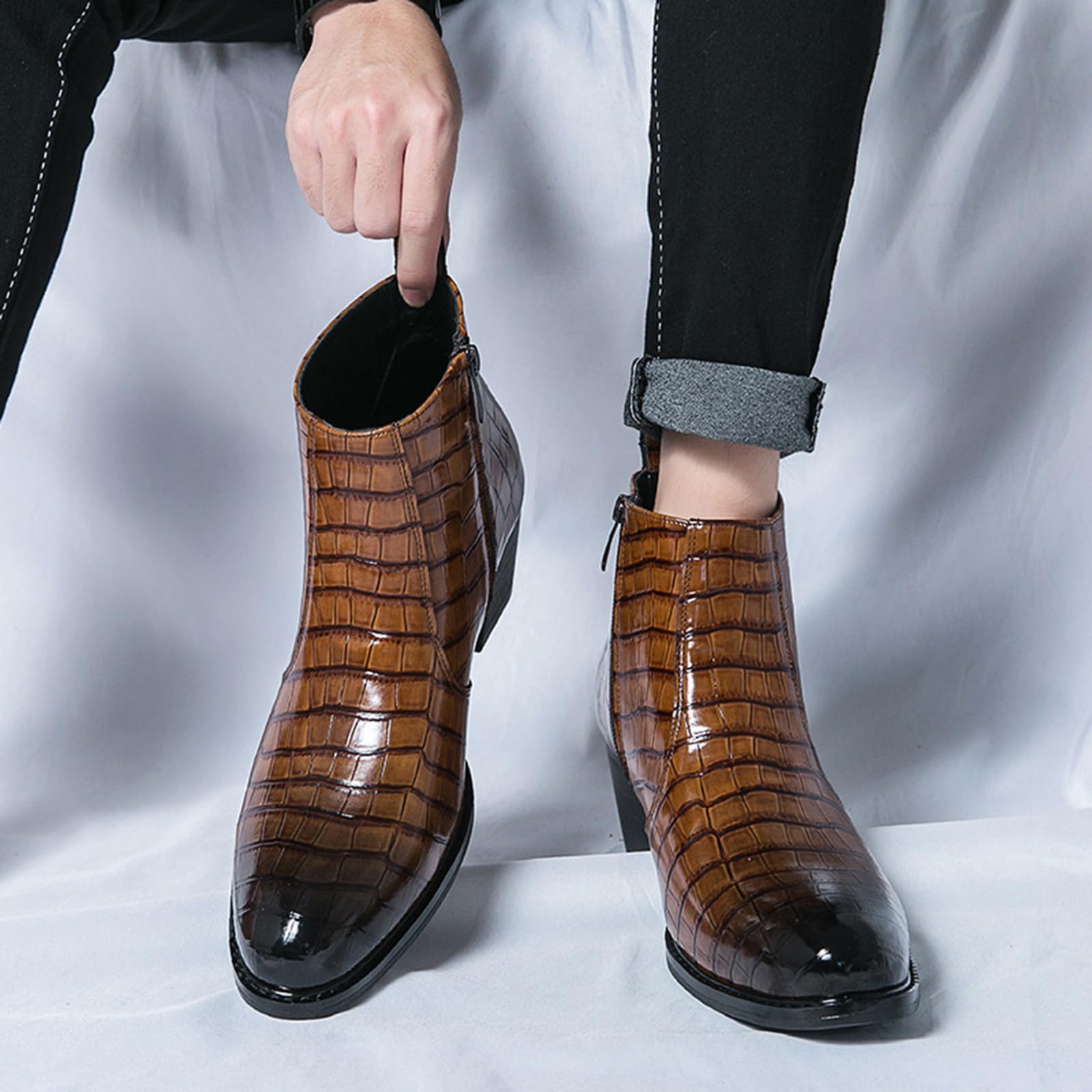 Stivaletti Chelsea Uomo Effetto Coccodrillo Tacco Alto Scarpe da Abito | Chiusura Zip Laterale Pelle Sintetica Ankle Boots Eleganti Stile Western per Matrimonio Festa Business Regalo Uomo