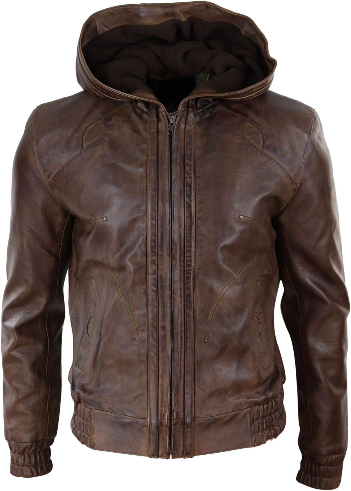 Mens Real Leather Zip Bomber Jacket Hooded Slim Fit Vintage Retro Casual