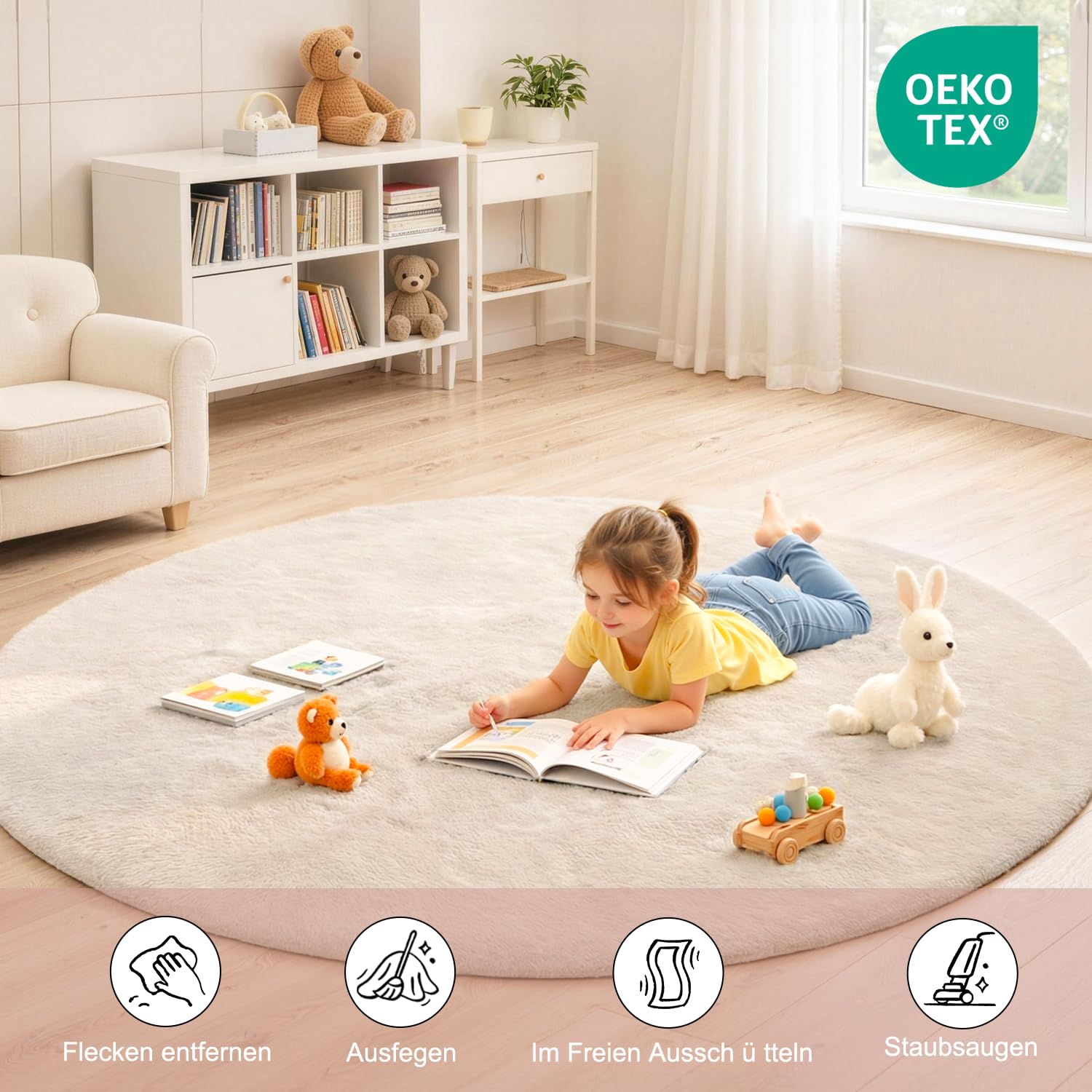 Teppich rund 90 cm Beige, Kunstfell, flauschig, waschbar | maschinenwaschbar, Kaninchenfell-Optik, ultraweicher Flor, rutschfeste Rückseite, OEKO-TEX, für Schlafzimmer und Wohnzimmer