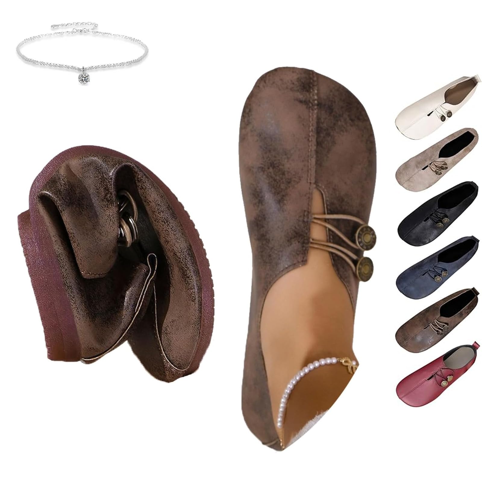 Zapatos ortopédicos suaves y flexibles, mocasines retro de ajuste ancho para mujer, ligeros, cómodos, ortopédicos, de gamuza de ballet, sin cordones, zapatos planos elásticos con botones para mujer