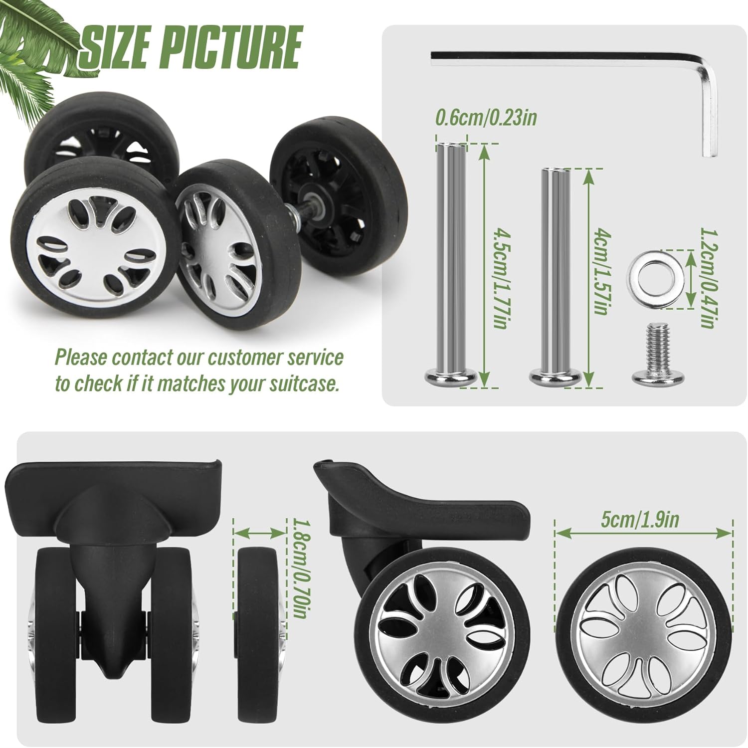 8 Pcs Luggage Wheels Replacement, 50mm/1.97in Wear-Resistant Spare Suitcase Wheels Replacement Luggage Repair Parts Kit for Double Tires, V-A4