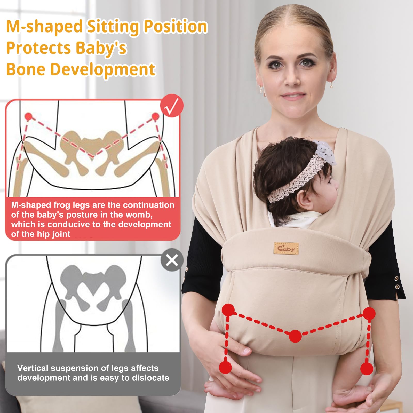 CUBY Babytrage mit halber Schnalle, ergonomische Schmetterlingsrückenform, verstellbare Kopf-Nackenstütze, Känguru-Front-Rucksack mit Kopfbedeckung, Kleinkind, Neugeborenenen-Sling bis zu 15,9 kg