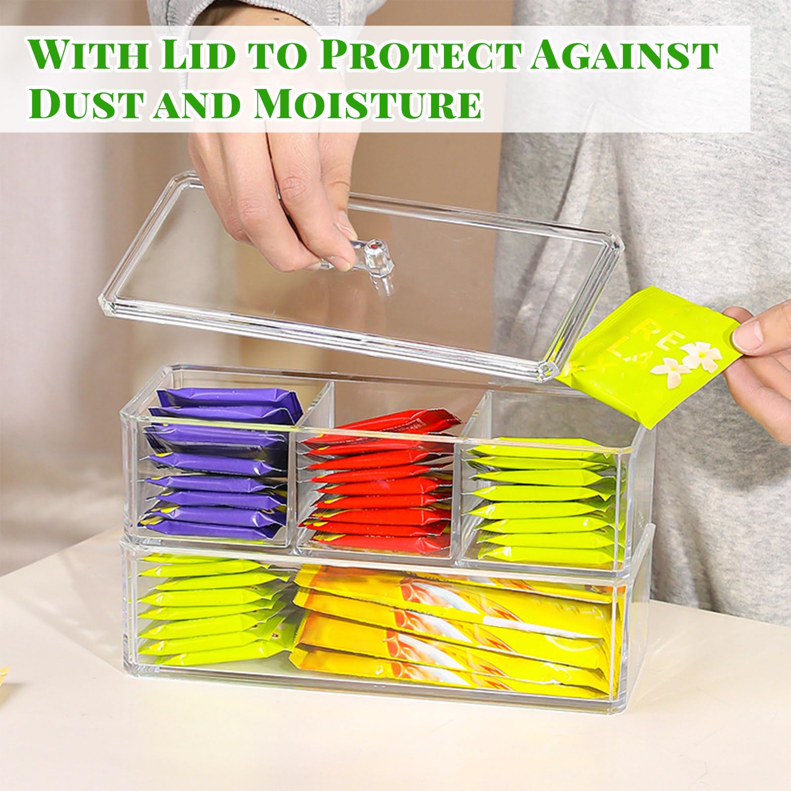 2 Pièces Boîte à Thé Acrylique Empilable Transparente Avec Compartiments Et Couvercle - Organiseur Sachets Thé, Café Et Sucre
