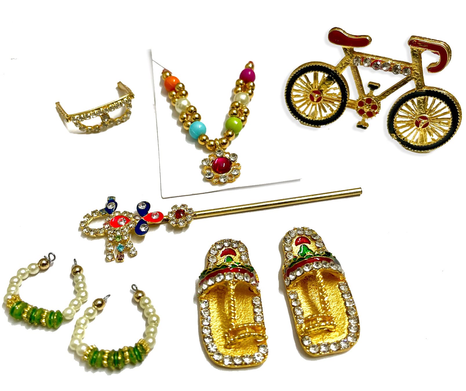 SSG Super Saver Combo Set - Laddu Gopal Shringar Accessories Mala Haar, Bansuri, Pair of Kangan Kade, Specs, Cycle, Paduka Jutti Pair, Pack of 6 Items (Size: 5, 6, 7 - Multicolour)