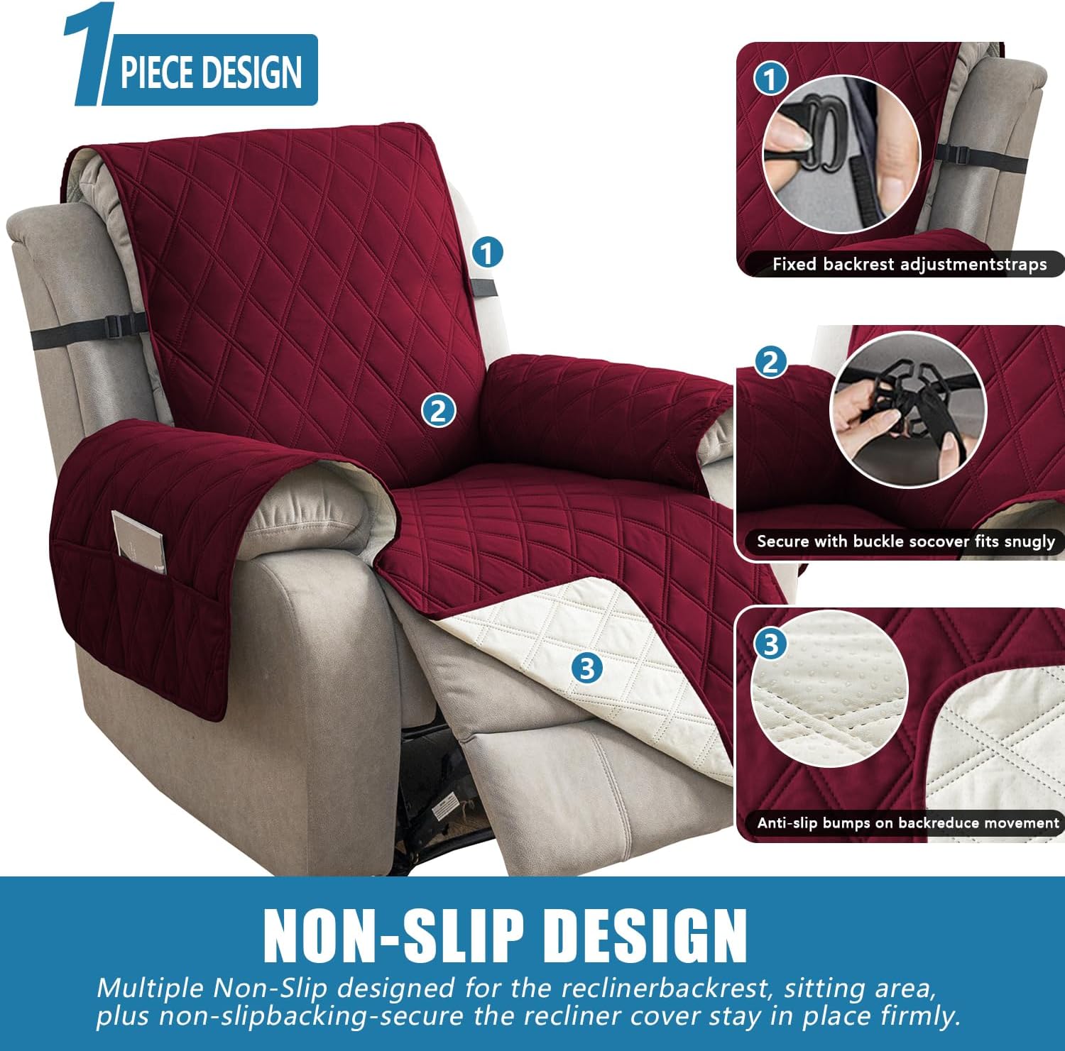 100% Waterproof Recliner Cover - Recliner Cover with Non-Slip Granule, Recliner Chair Covers with Elastic Band, Recliner Chair Covers for Reclining Chair (Wine, 28")