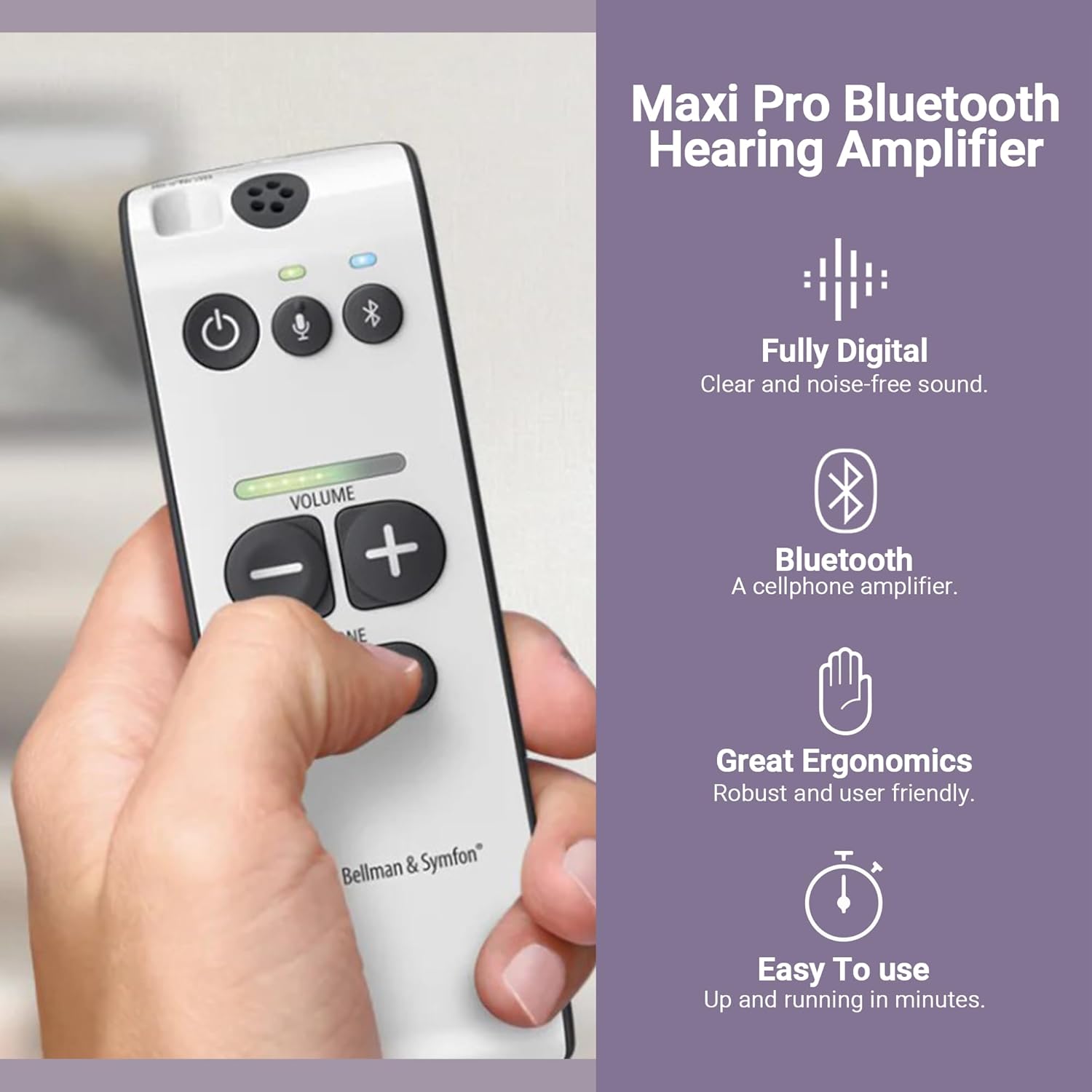 Bellman & Symfon Maxi Pro Bluetooth Hearing Amplifier with Headphones and Earbuds - Digital Assistive Listening Device with Noise Isolation for Senior - Wireless Cellphone Sound Amplifier - Rechargeable Pocket Size