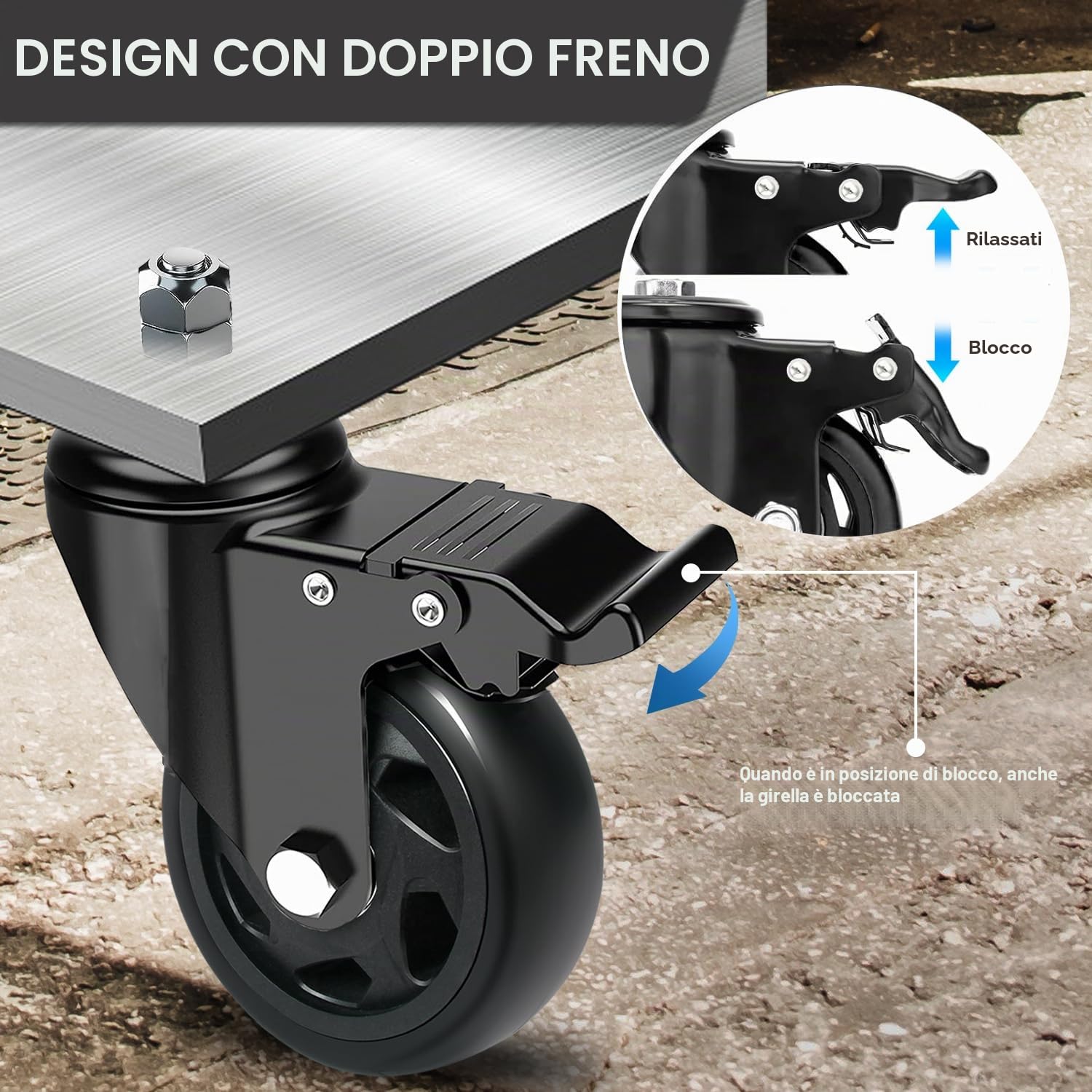 Ruote per Carrello con Perno Filettato M10 x 30mm, 100MM Ruote per Mobili con Freno, Ruote Girevoli Rotazione a 360° e Antigraffio, 4 Rotelle per Carichi Pesanti Capacità 500KG