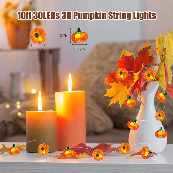Pumpkin String Lights 10Ft 30 LEDs Halloween Decorations Battery Operated Orange Lights for Halloween Party Indoor Fall Decor Thanksgiving Decorations