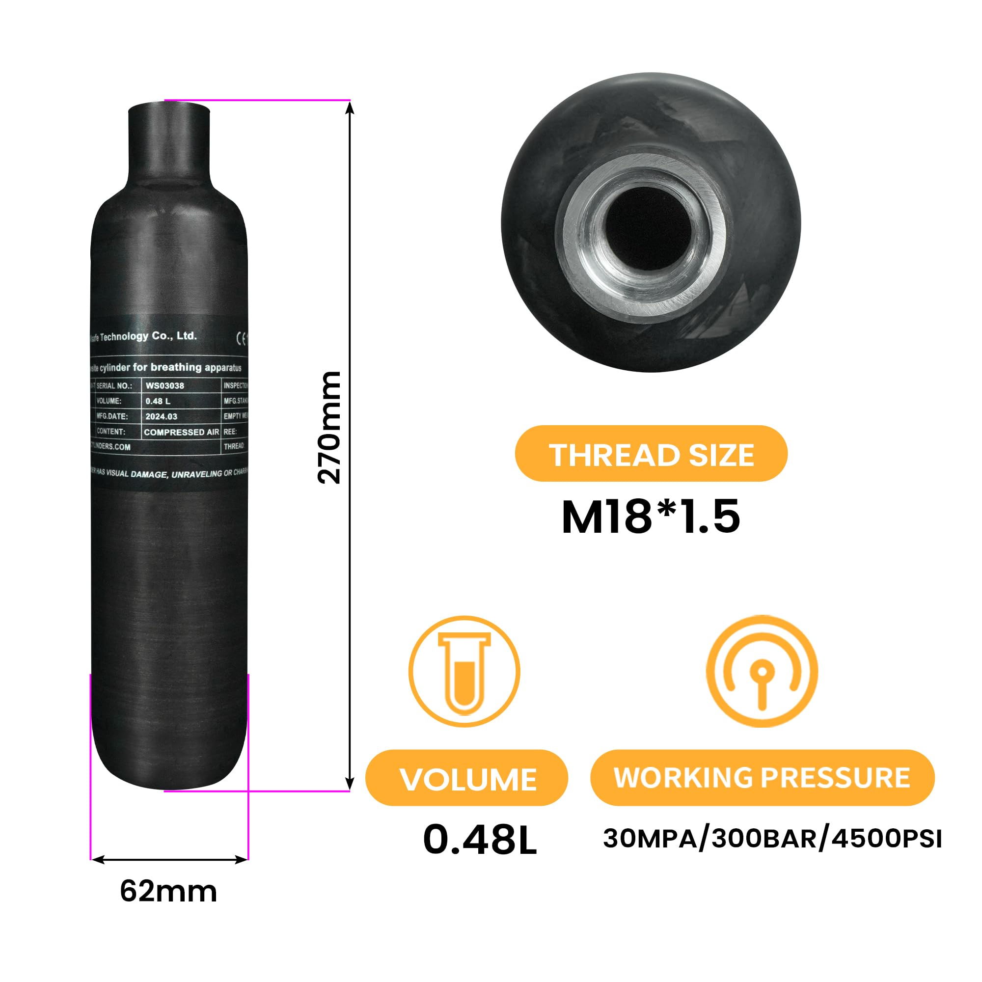 TUXING 30Mpa 4500Psi 0.48L 29Cu dans Le réservoir HPA en Fibre de Carbone 420cc, Bouteille de gaz, Chasse au Paintball pour Fusil à air comprimé PCP Daystate et Filetage FX M18 * 1.5