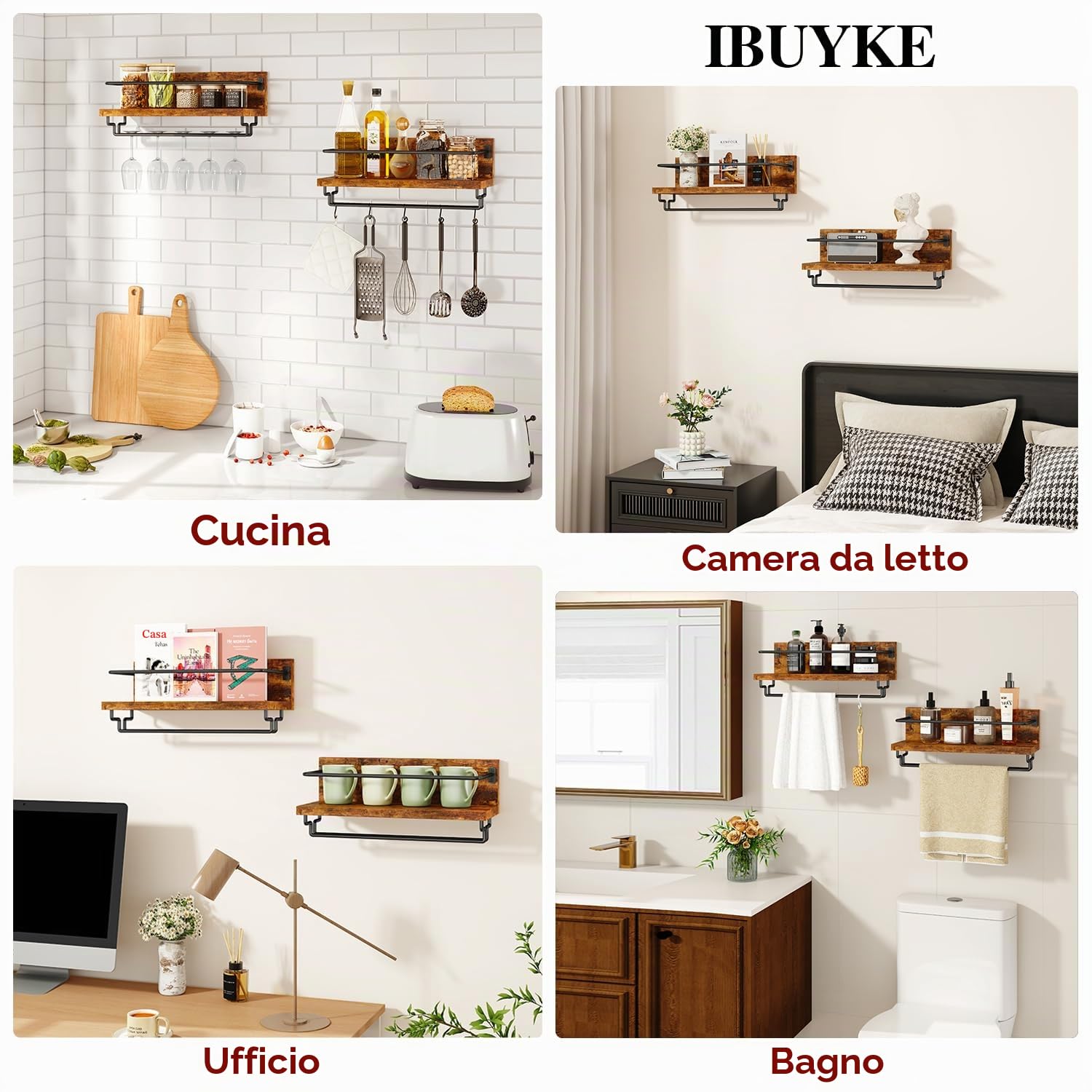 IBUYKE Portabottiglie da Parete,Porta Vino in Legno,Set da 2,Porta Calici da Parete,Multifunzione Mensola Parete per Cucina, Sala da Pranzo, Bar, Marrone Rustico TMJ910H