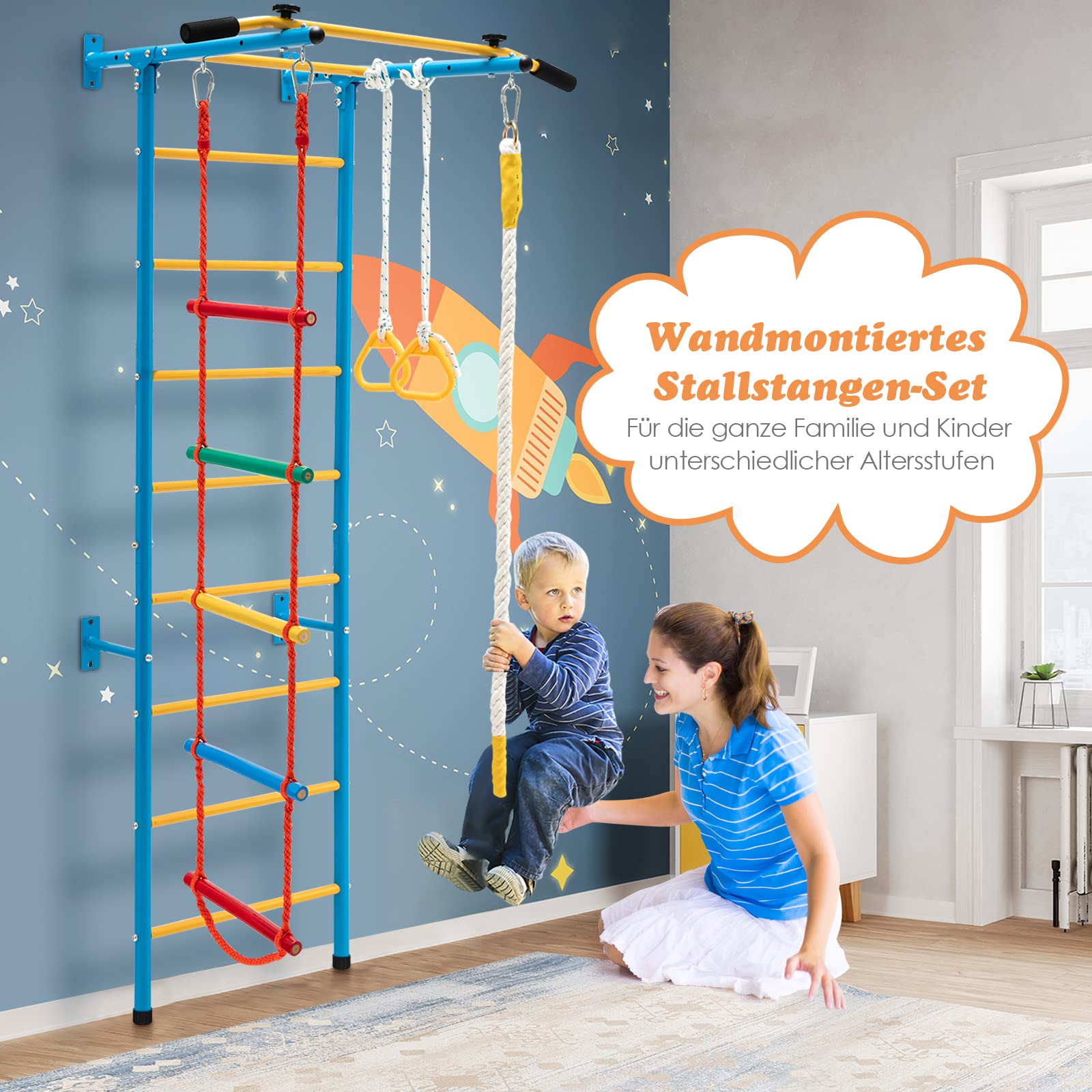 COSTWAY Ścianka wspinaczkowa dla dzieci, metalowa ścianka gimnastyczna, sprzęt gimnastyczny, rusztowanie wspinaczkowe, 107 x 83 x 223 cm, sprzęt sportowy dla dzieci i dorosłych do 100 kg (żółty i