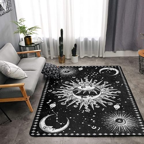 Miniatura 5 de Alfombra estética de sol y luna en blanco y negro con diseño místico de estrellas para interiores y exteriores, 60 x 39 pulgadas