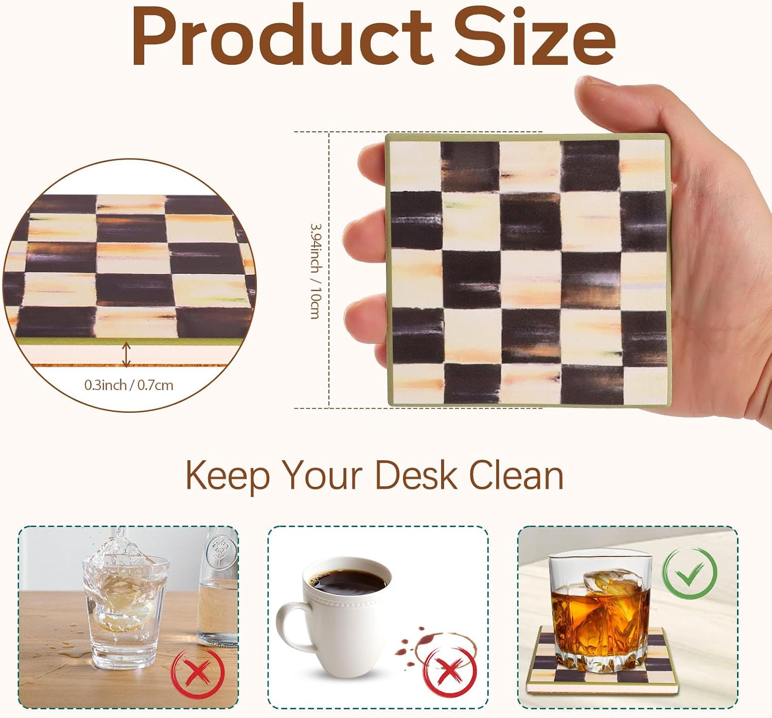 Square Balck and White Chekered Drink Coasters, Ceramic Coasters Set of 4, Absorbent Coaster with Anti Slip Cork Back, Black and White Plaid Racing Cup Coaster, Chessboard Coffee Table Cup Mat
