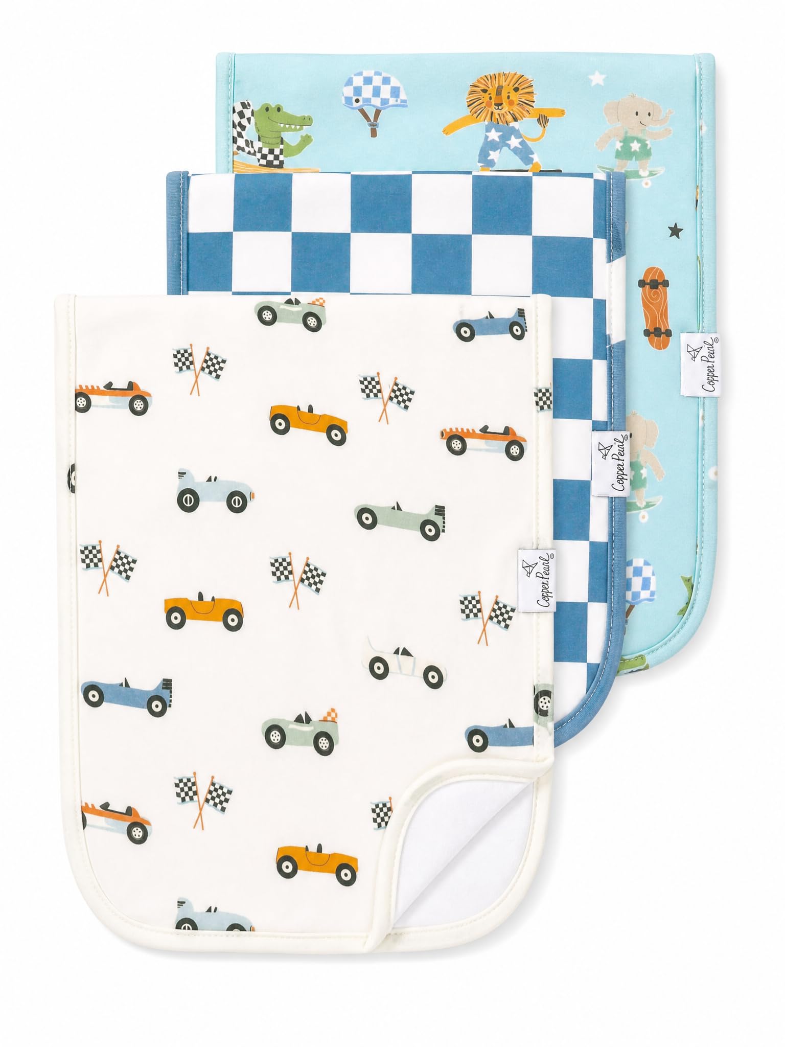 Copper Pearl Premium Baby Burp Cloths - 3-Pack Large Cotton Burp Cloths, Extra Soft Spit Up Rags with 3 Absorbent Layers, Perfect for Baby Boy and Baby Girl Gifts (21" x 10" Size, Speedster Set)