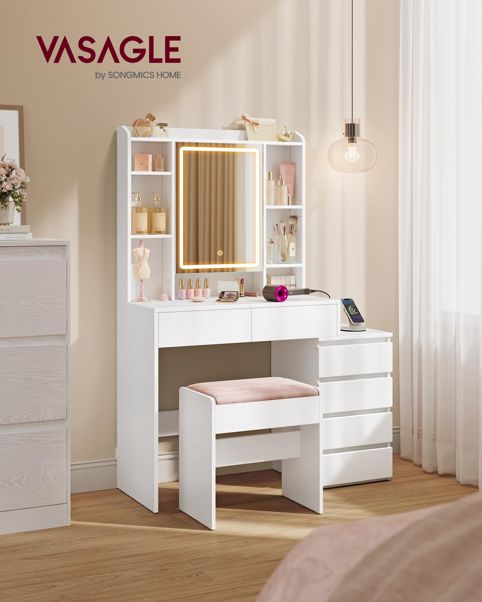 VASAGLE Coiffeuse avec Miroir LED, Luminosité Réglable, Multiprise, Table de Maquillage, 40 x 105 x 145 cm, Compartiments Ouverts, Étagères Réglables, Moderne, Blanc Nuage, Kailyn RDT144WB01