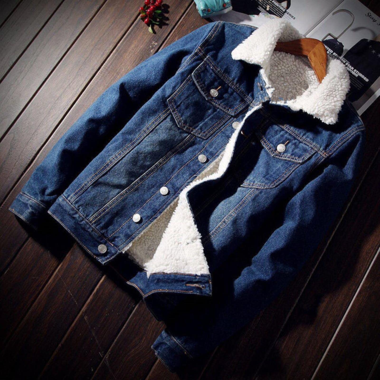 Manteau lourd hommes noir XXXL veste en denim doublée polaire style rétro chaud