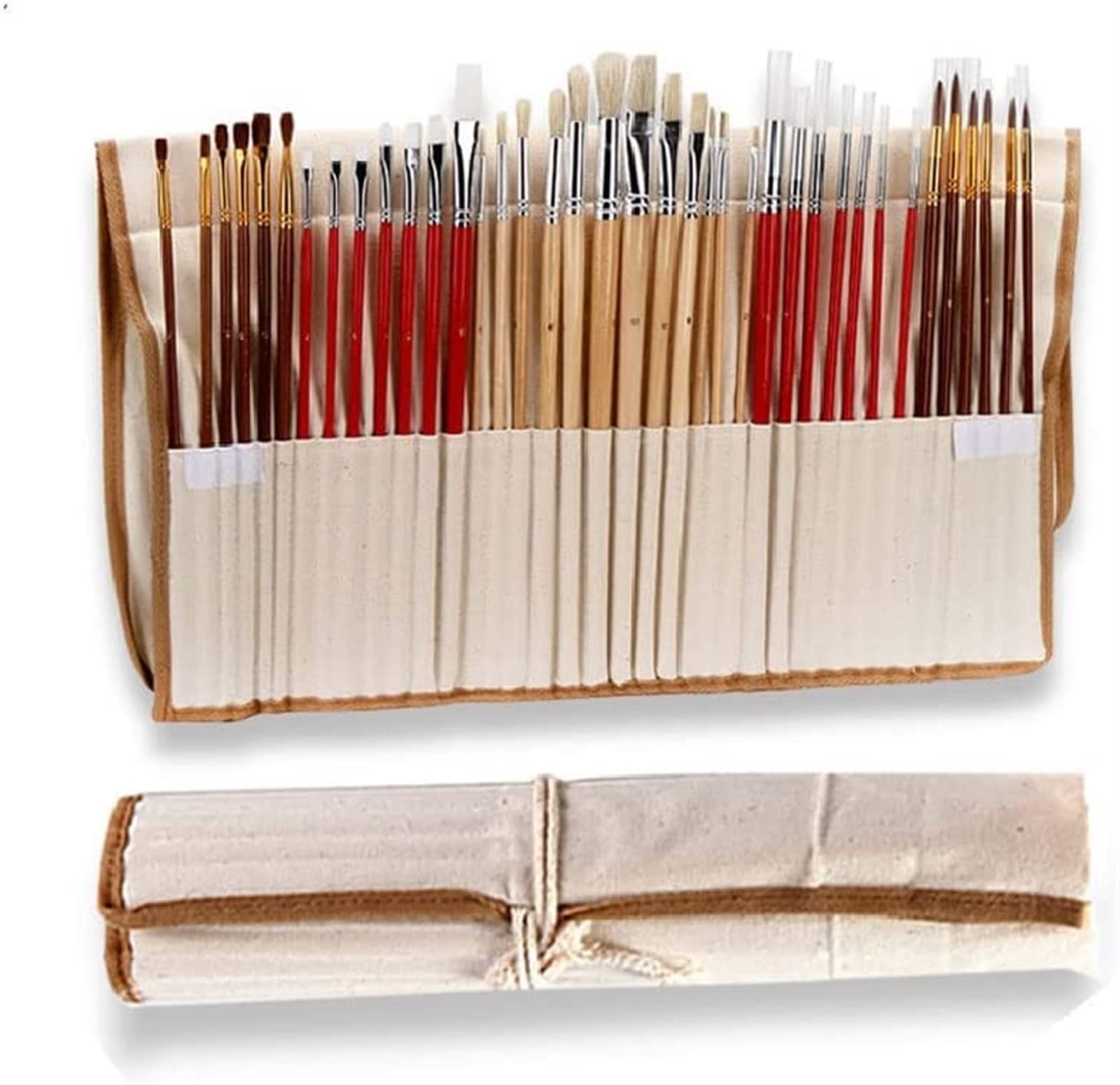 38 Pennello per Pittura, Borsa in Tela, Scatola con Manico Lungo in Legno, Forniture artistiche per Olio, Acrilico e Acqua