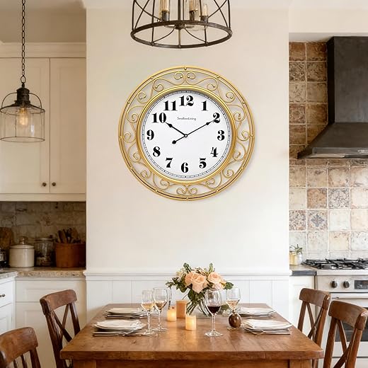 Swallow Living 24 Inch Vintage Iron Large Metal Frame Gold Wall Clock Silent, Battery Operated item