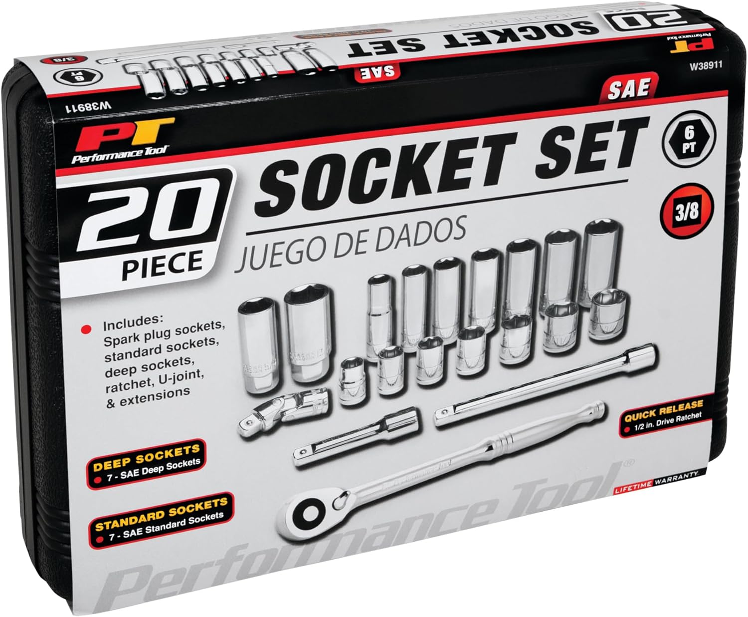Performance Tool W38911 3/8-Inch Drive SAE Socket Set, 20-Piece, 1-Pack