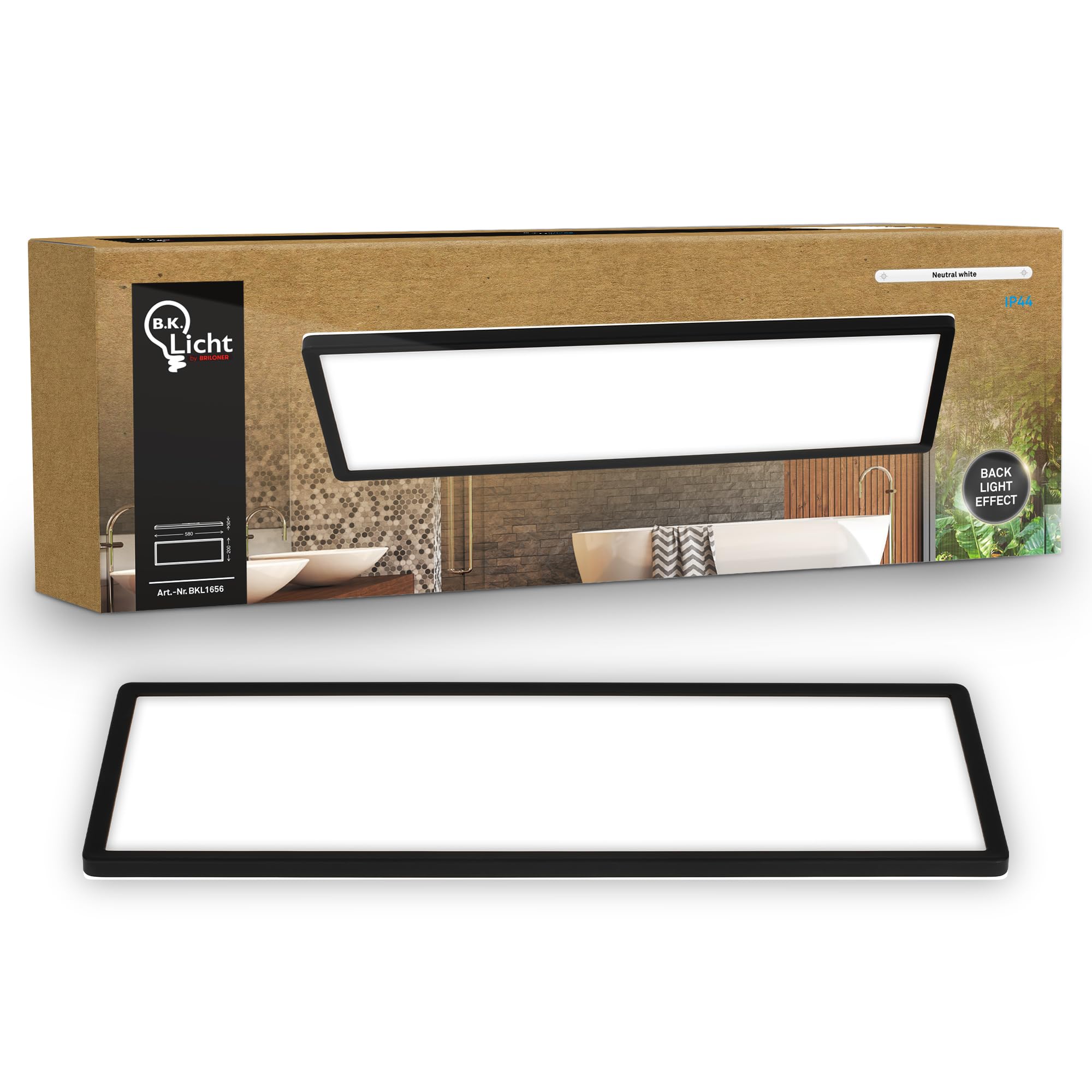 B.K.Licht - LED Panel, Slim, 4000K Neutral White, Indirect Backlighting, IP44 Splash-Proof, Ceiling Lights, Bathroom Light, Bathroom Lights Ceiling, Living Room, 58 x 20 x 3 cm, Black