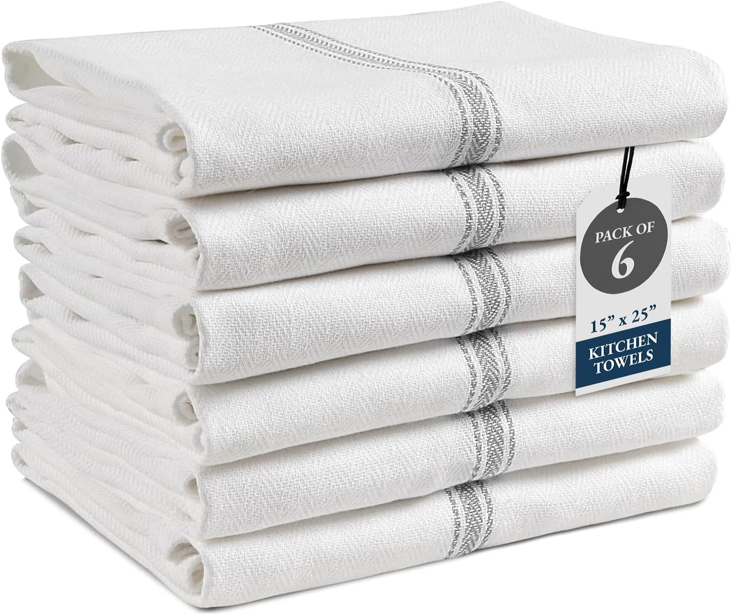 LANE LINEN Kitchen Towel Set, 6 Pack Dish Towels for Kitchen, 100% Cotton Absorbent Tea Towels, Quick Dry, 14"x25", Herringbone Weave, Reusable, Machine Washable, Soft for Drying Dishes - Grey Stripe