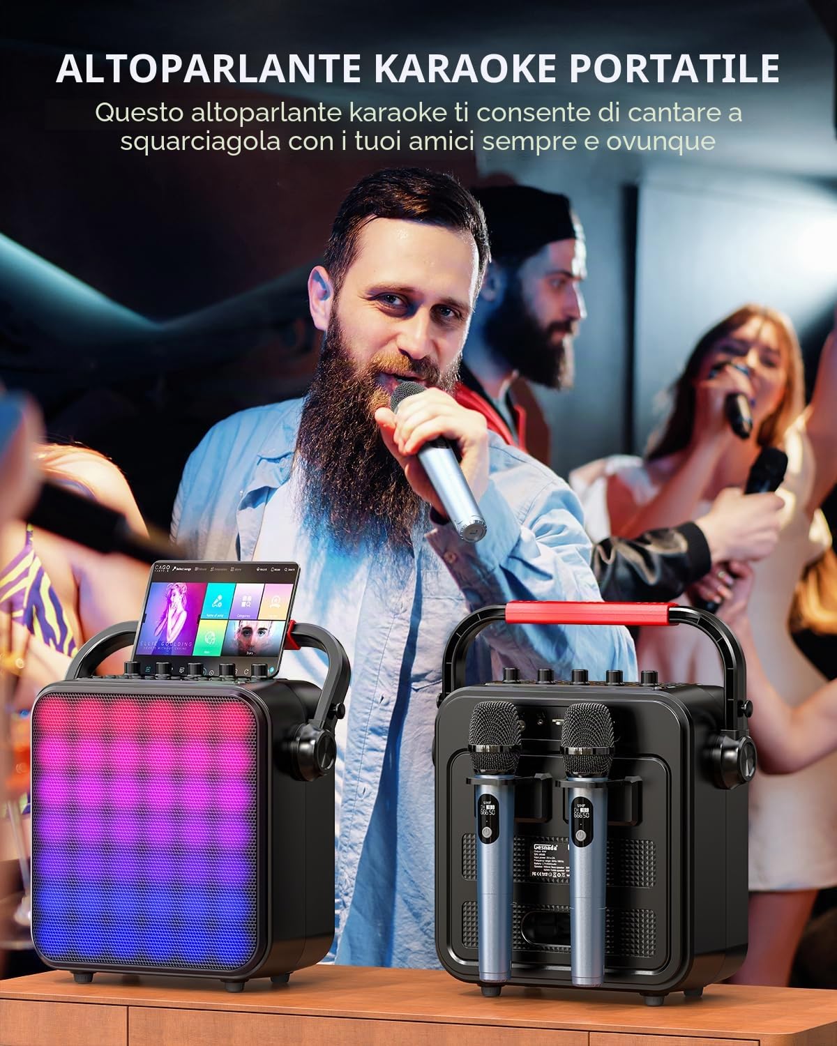 Karaoke con 2 Microfono, Casse Karaoke Professionale Completo,Portatile Bluetooth con modalità karaoke/MIC modalità priorità/TWS/REC/EQ/FM/regolazione dei toni alti e bassi/ECHO,Supporta USB/TF/AUX