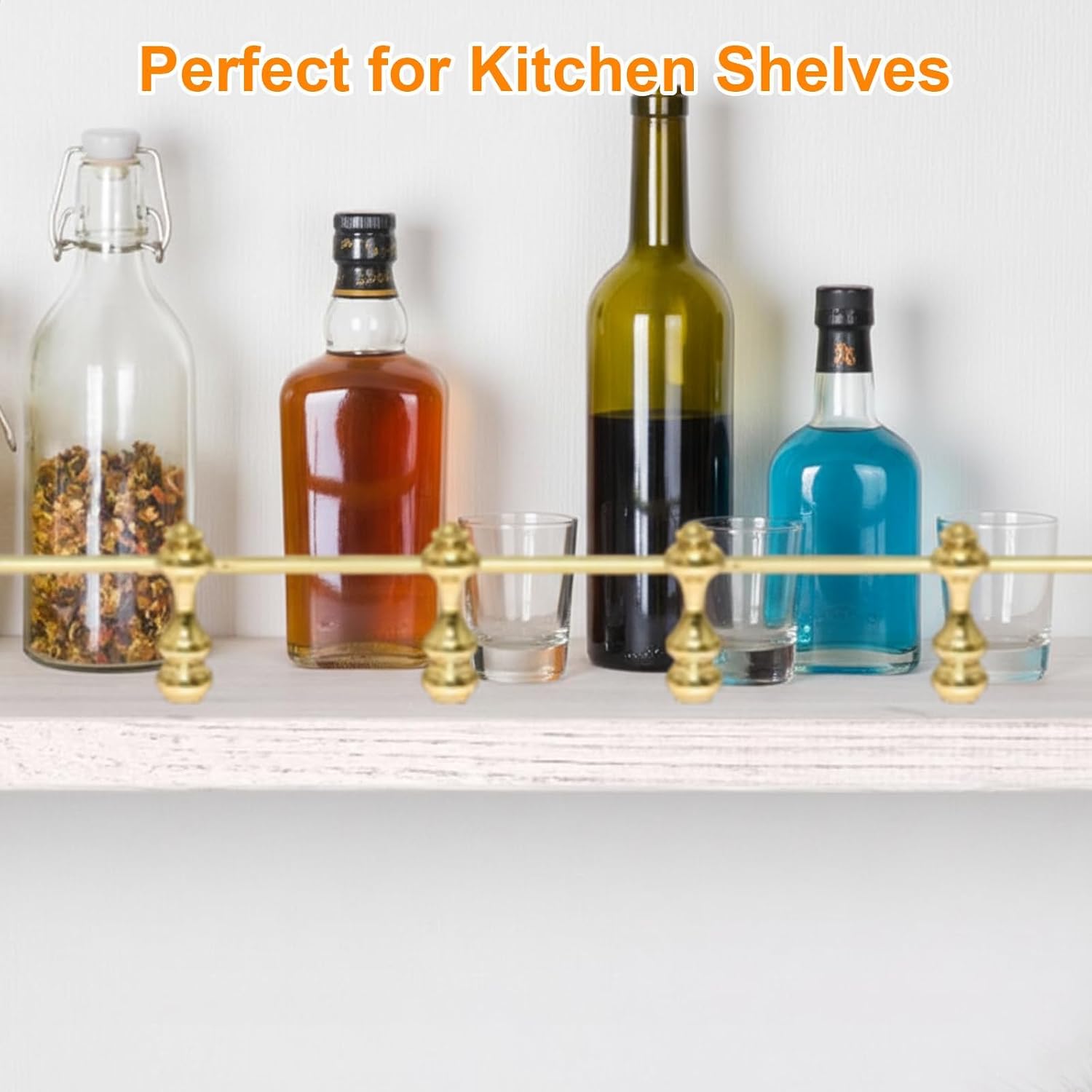 Brass Finish Gallery Rails for Shelves Connectors 10PCS, Zinc Alloy Brass Post Set with 8 Through & 2 Half Posts, 6mm Hole Shelf Rail Fittings, Gold Railing for Shelves Cabinet Bar Display Guard Rail