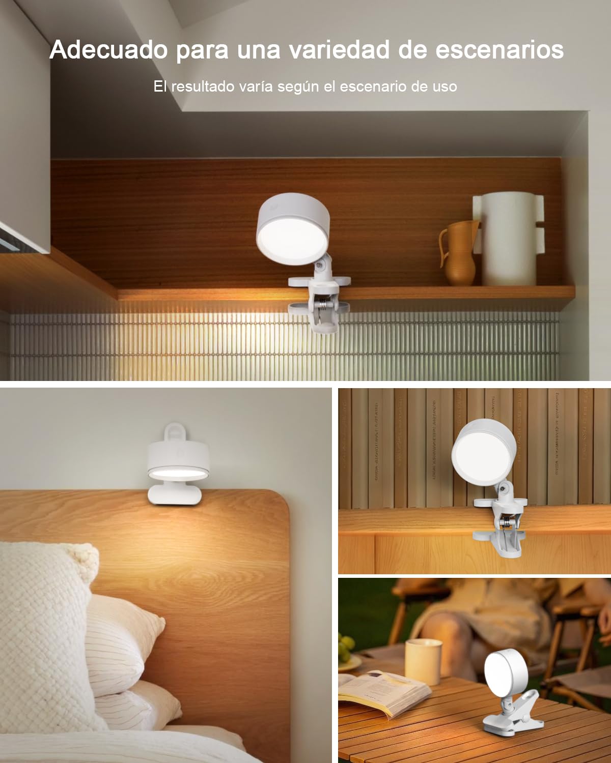 GOVSSING Lampara Lectura Cama Sin Cable con Recargable 5000mAh, USB LED Lampara Pinza Cabecero Cama 360° Giratorio de 3 Colores Camping