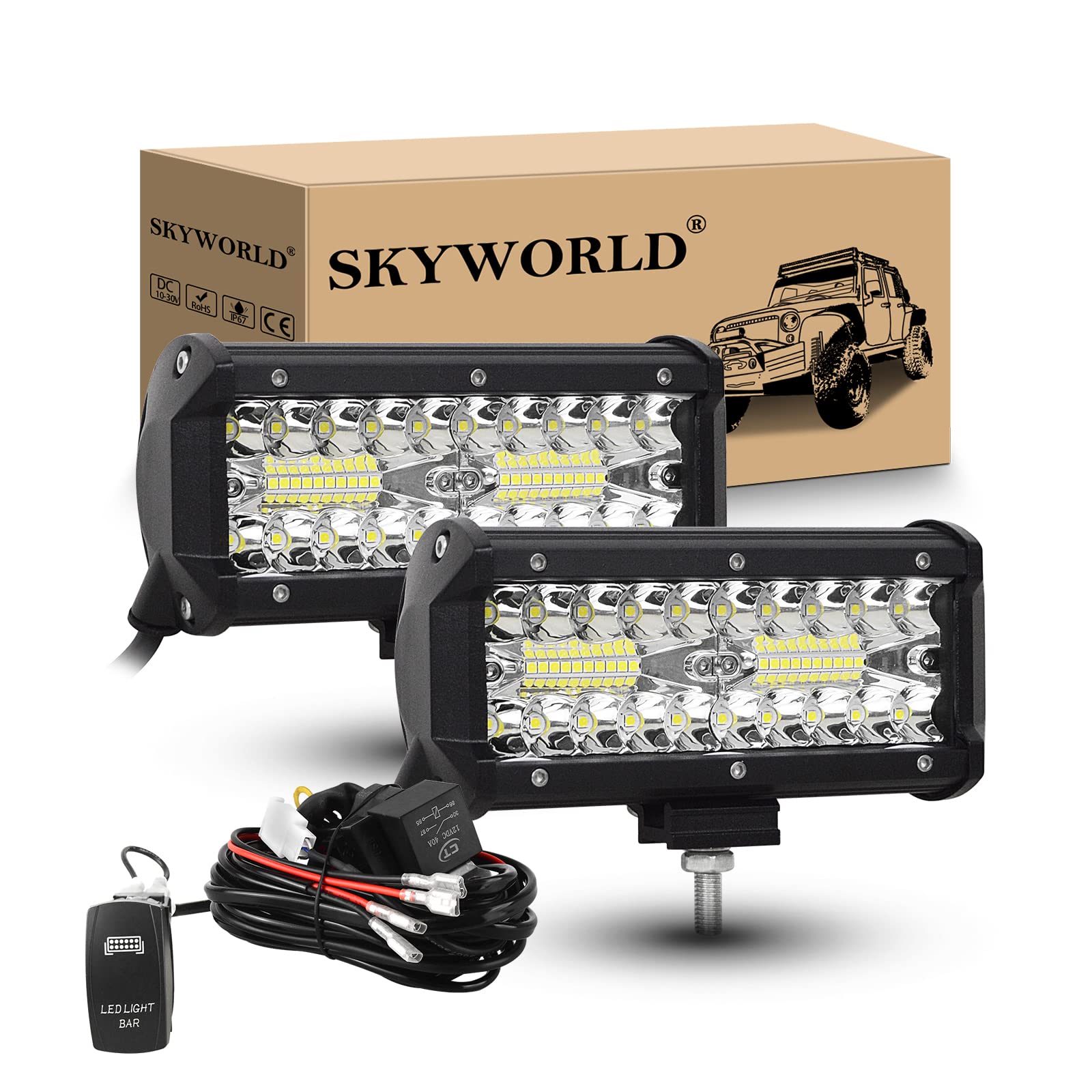 SKYWORLD 2Pcs Faros de Trabajo led, 7 pulgadas 18cm 120W Focos LED Tractor IP67 Impermeable para 4x4 Coche Off road Auto ATV SUV Camión todoterreno, Faros de Trabajo con arnés de cableado | Proyector LED coche barra de luz de trabajo LED luces de trabajo