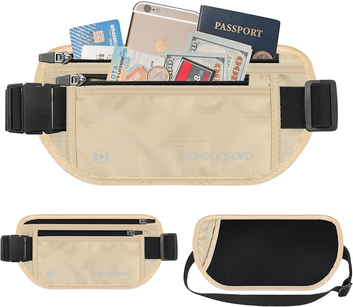 travel inspira Travel Money Belt with Slim Anti-Theft RFID Blocking Passport Holder for Travel Concealed under Clothes for Ultimate Protection of Credit Cards, Cash, Passport & Documents, Beige - Image 2