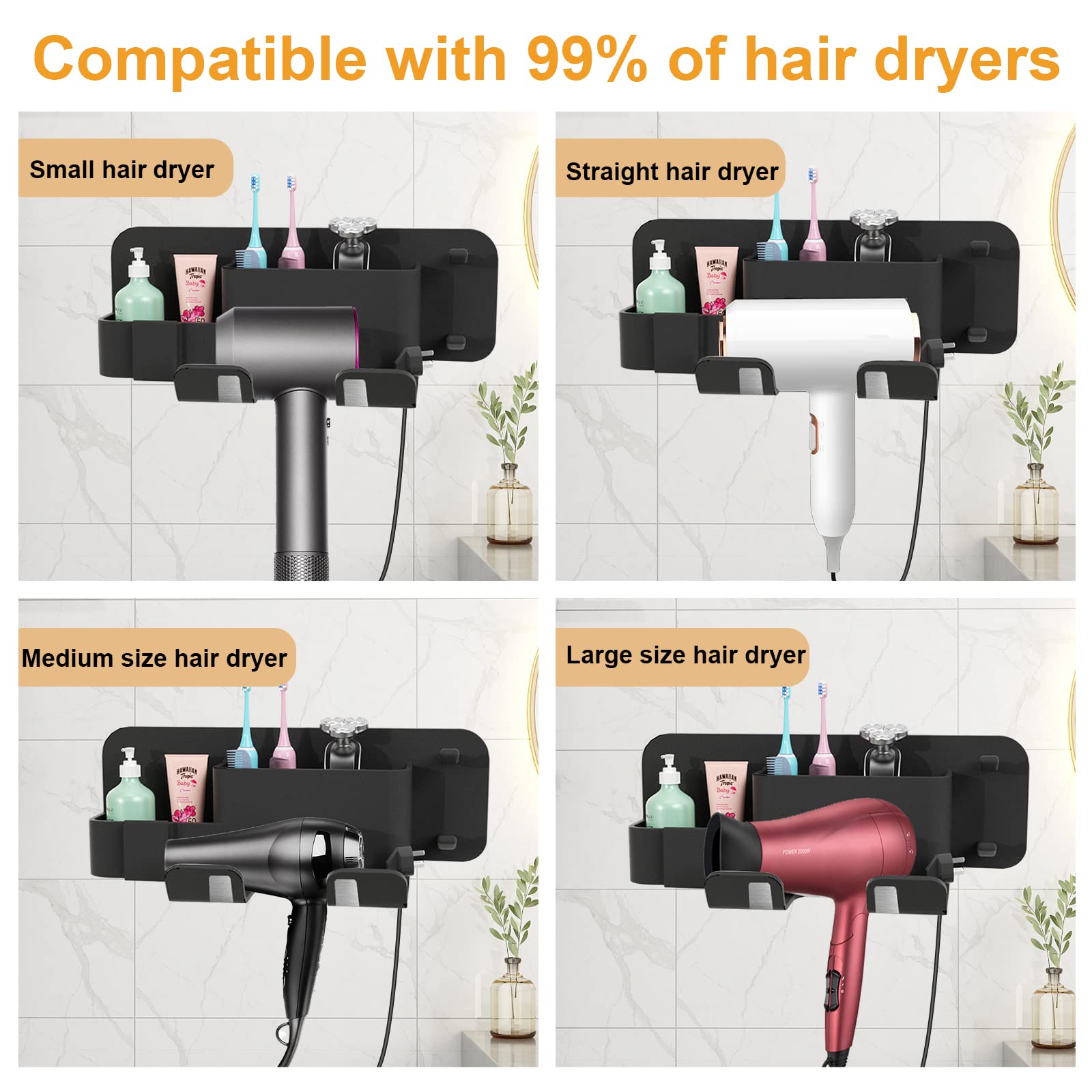 Hair Dryer Holder Wall Mounted, Self-Adhesive Blow Dryer Rack Removable Hair Tool Organizer with Plug Hook, Multi-Functional Hair Care Styling Tool Storage Basket for Bathroom