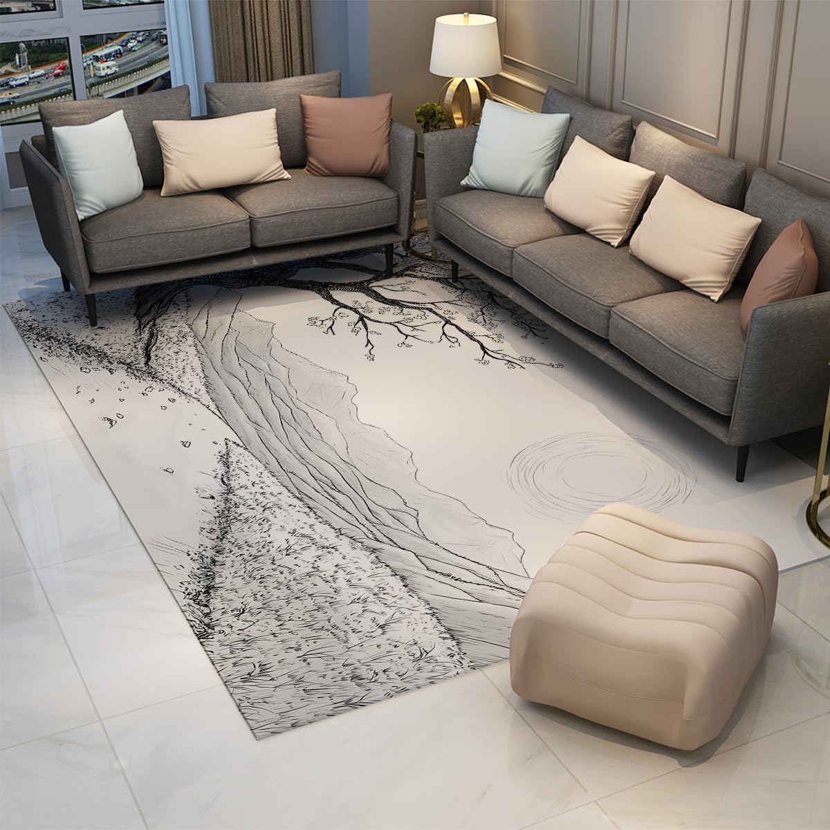 Dywan do salonu 180 x 200 cm czarny biały orientalny zmywalny duży dywan wewnętrzny kwiat wiśni dywan z niskim włosiem do sypialni biura