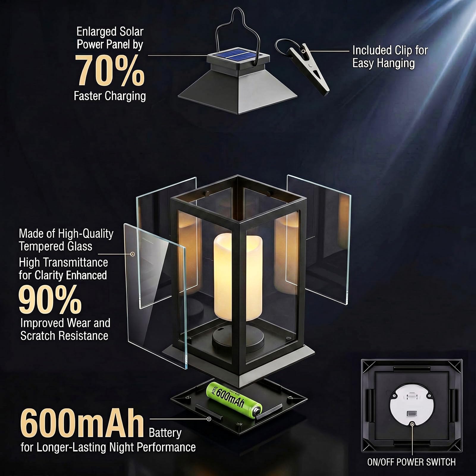 Yowin Solarlaterne für Außen 2 Stück Solarlampen Garten mit Flammeneffekte Kerze, Hängend Solar Laternen Wetterfest Solar Tischlampe Outdoor, Solarleuchten für Terrasse Balkon Pavillon Deko - Schwarz