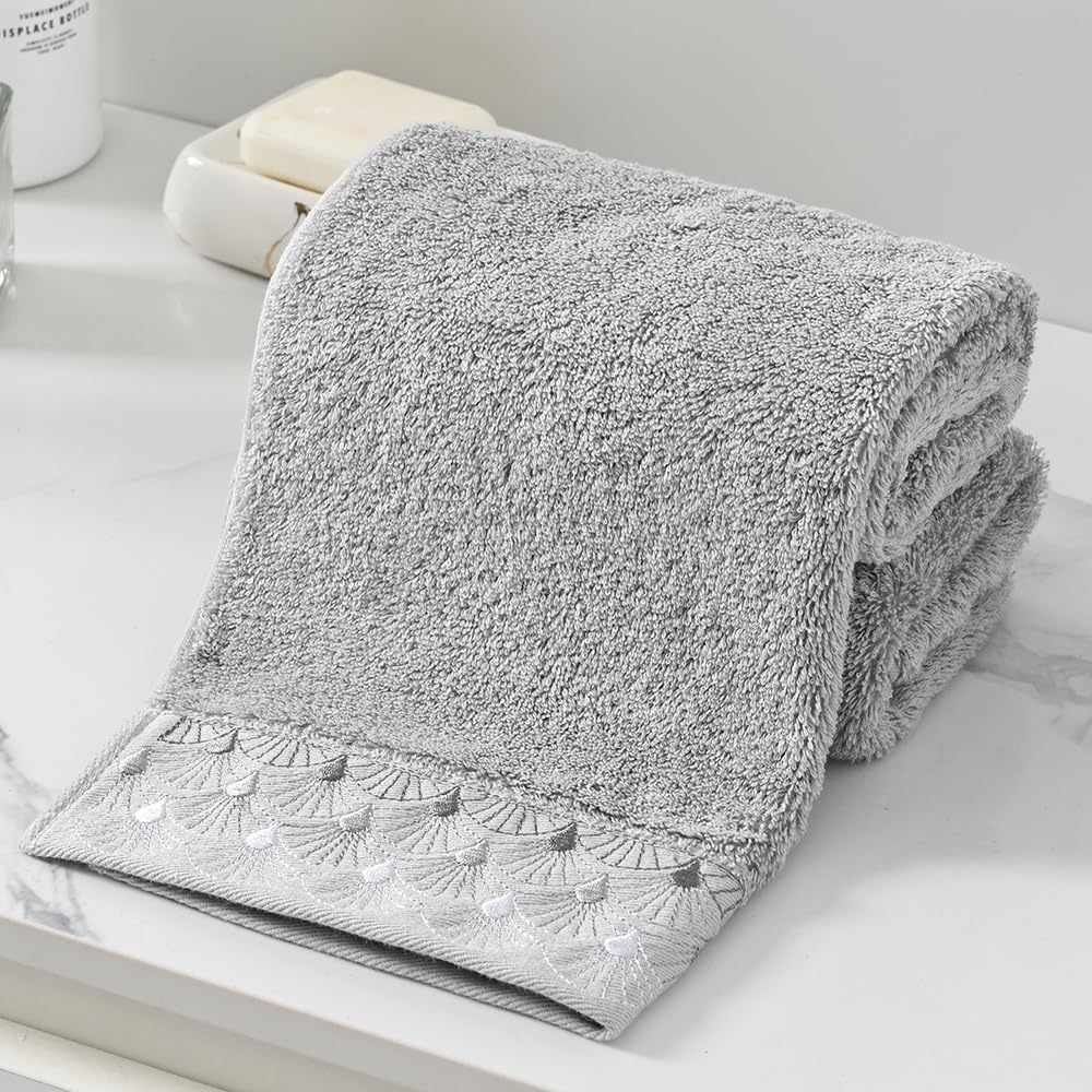 Grey Hand Towel Set of 2 Super Thick Soft 100% Cotton Towels Quick Dry Ultra Absorbent Luxury Lace Pattern Embroidery Decorative for Guest Hand Towels 13 x 29 Inch - Image 4