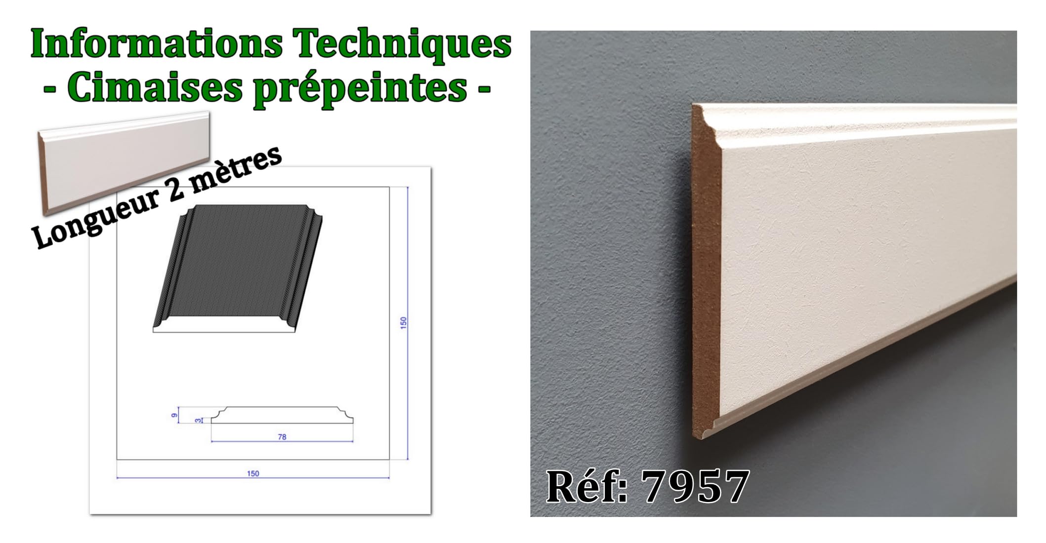 MadeInNature Modanatura da parete, cimaise in legno medio bianco, lunghezza 2 metri, cornice in legno preverniciato robusto e facile da applicare, modelli e dimensioni a scelta (7957, lotto 10 metri)