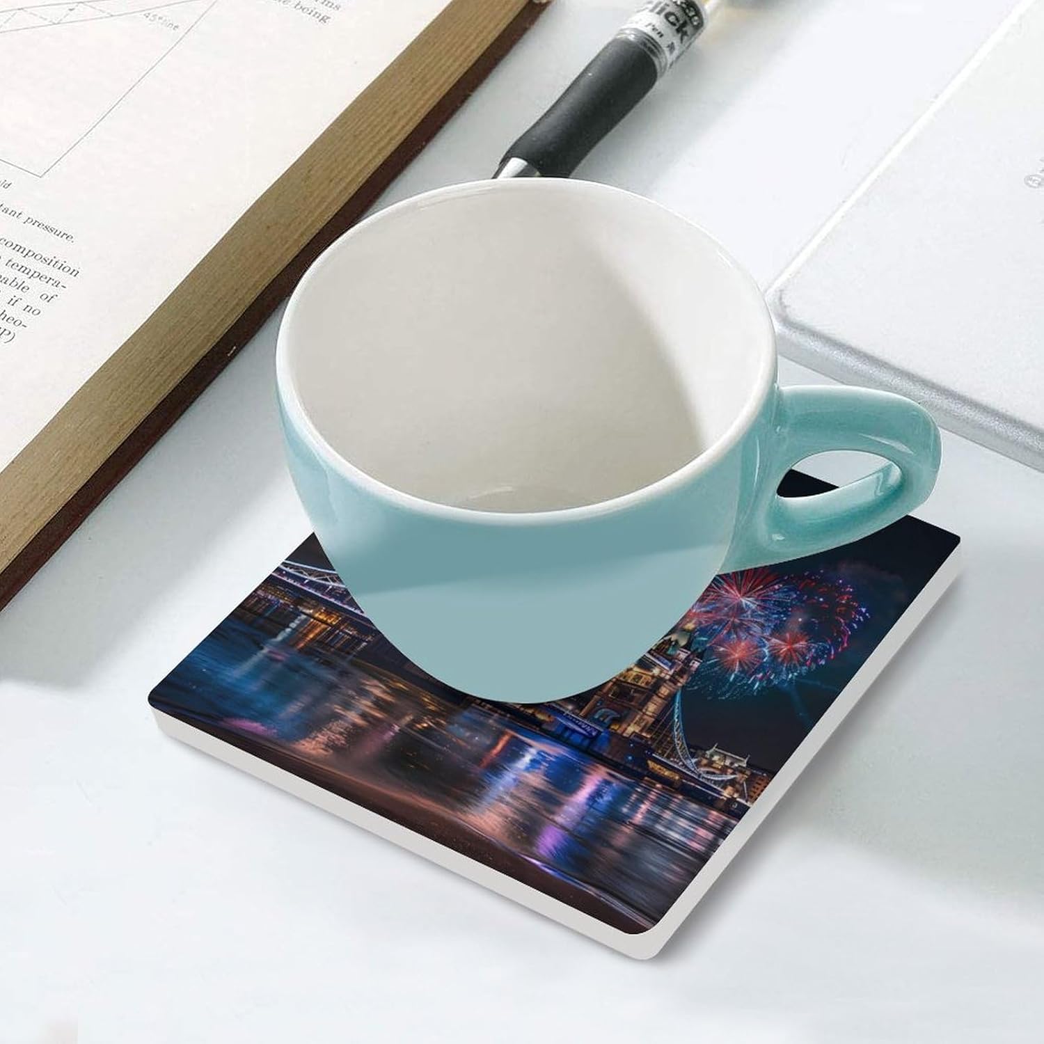 Fireworks Over The Tower Bridge London Britain UK Coaster for Drinks Square Ceramic Table Coasters Stone Mat Crafts 6PCS Home Kitchen Decor