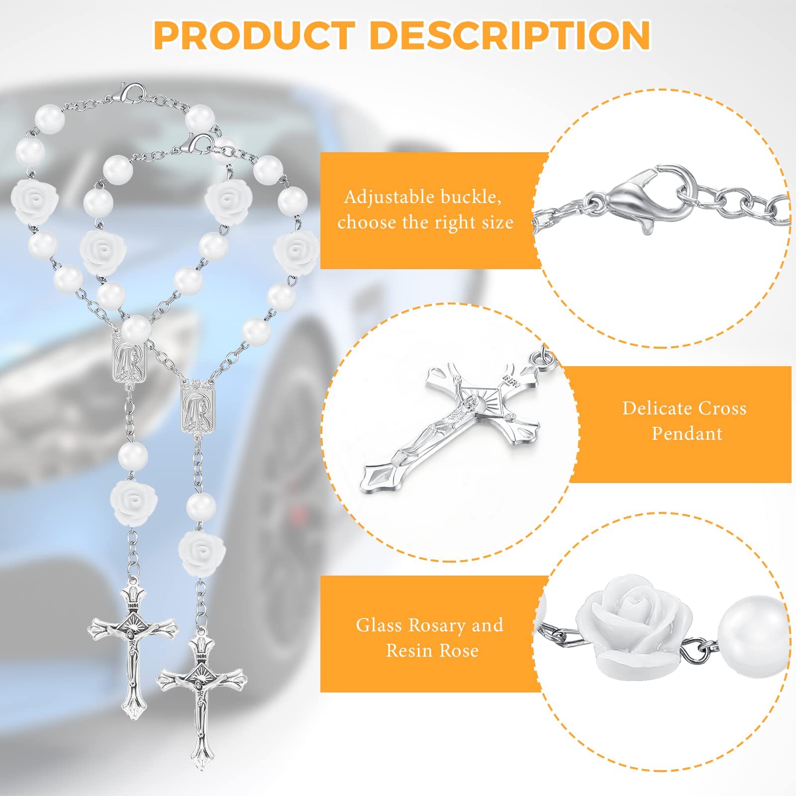 Lot De 2 Chapelets Auto Pour Rétroviseur - Rosaire Avec Croix Argenté, Décoration Voiture