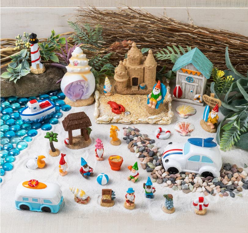 Ellie Arts Mini Fairy Garden Accessories Kit - Miniatures for Outdoor Decorations - All The Supplies You Need for Kids Gardens - Figurines, Houses Create a Summer Beach Theme With Gnomes, Sand & More.