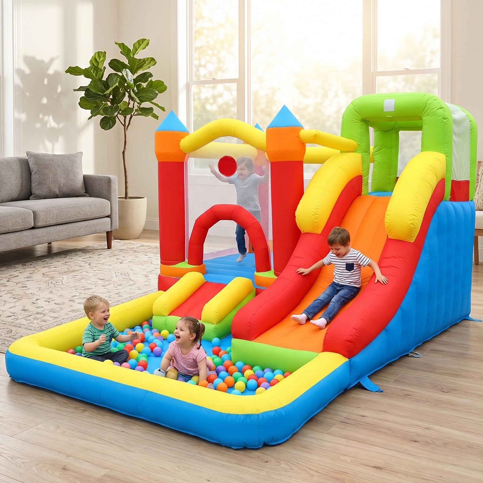 Casa de rebote con hoyo de bolas, castillo hinchable 7 en 1 con soplador, pared de escalada, tobogán y aro de baloncesto para patio trasero, patio de juegos para niños pequeños de 3 a 10 años de edad