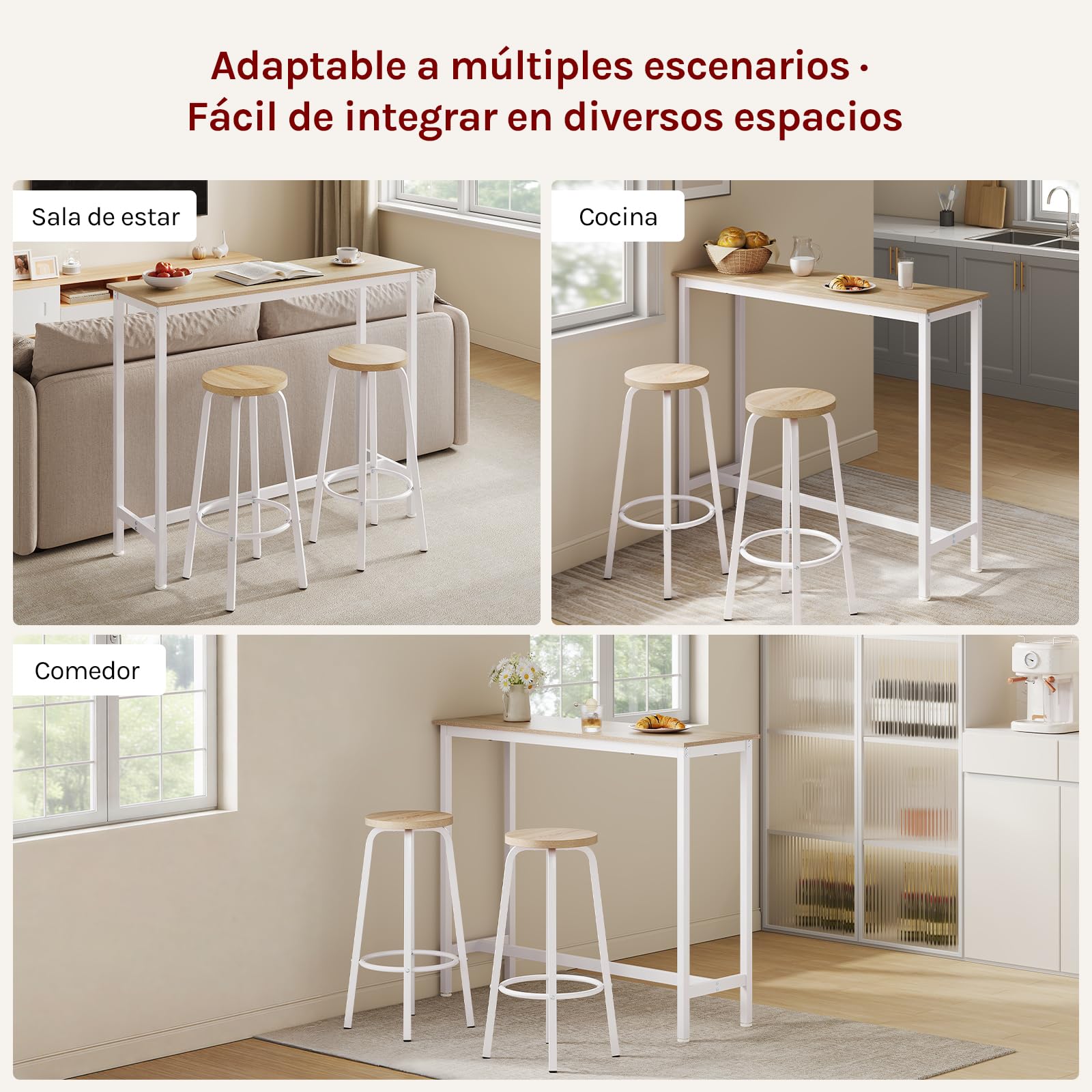 WOLTU Set Mesa de Bar y 2 Taburetes, Muebles de Bistro de Comedor para Salon, Barra Cocina con Estructura de Metal, 120x40x100cm, Blanco + Roble Claro